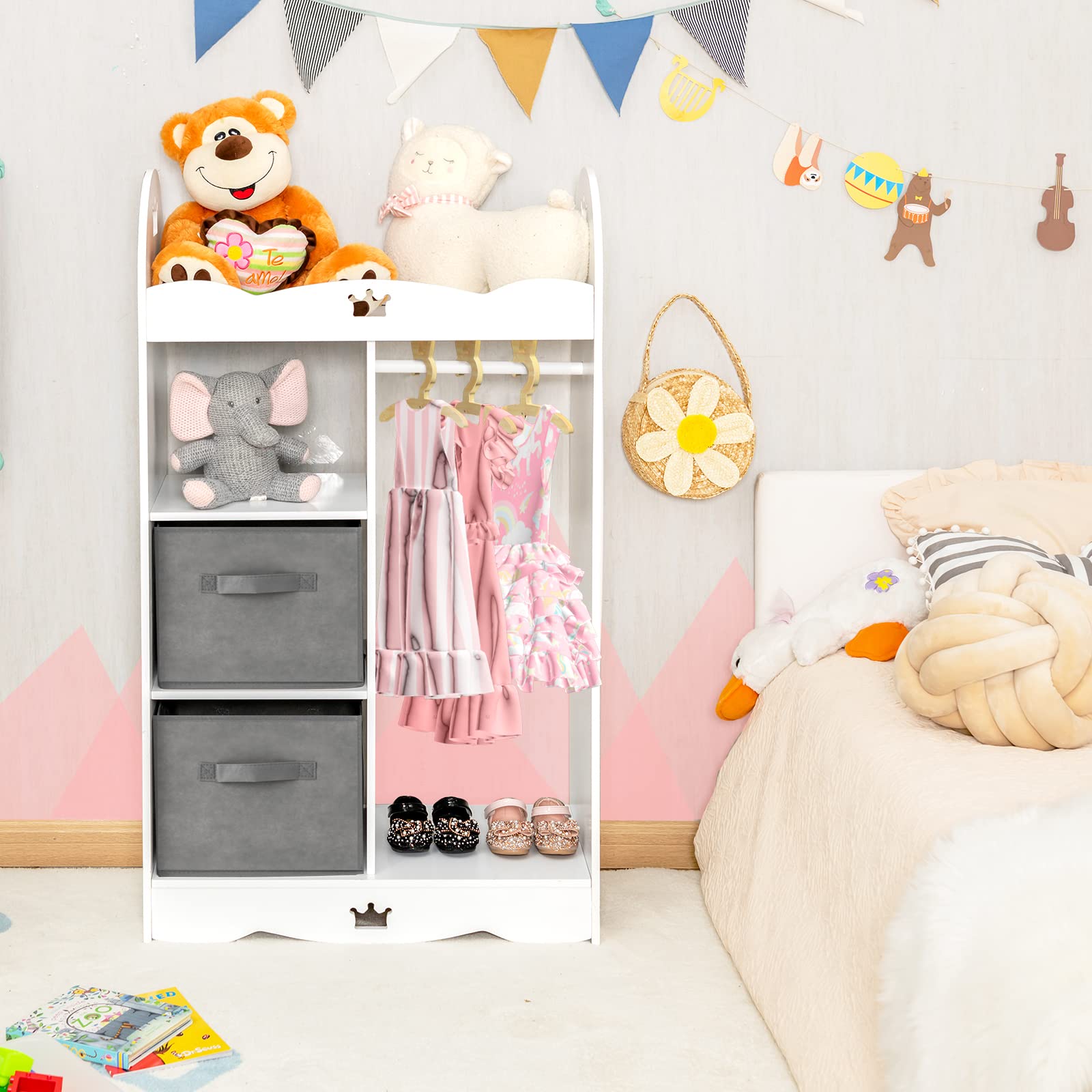 Costzon Kids Dress Up Storage Wardrobe with Mirror & Hangers - White Crown Pattern Toy Organizer for Pretend Play Costumes | Perfect for Bedroom & Playroom Organization | Toddler Closet & Dress Up Storage Solution