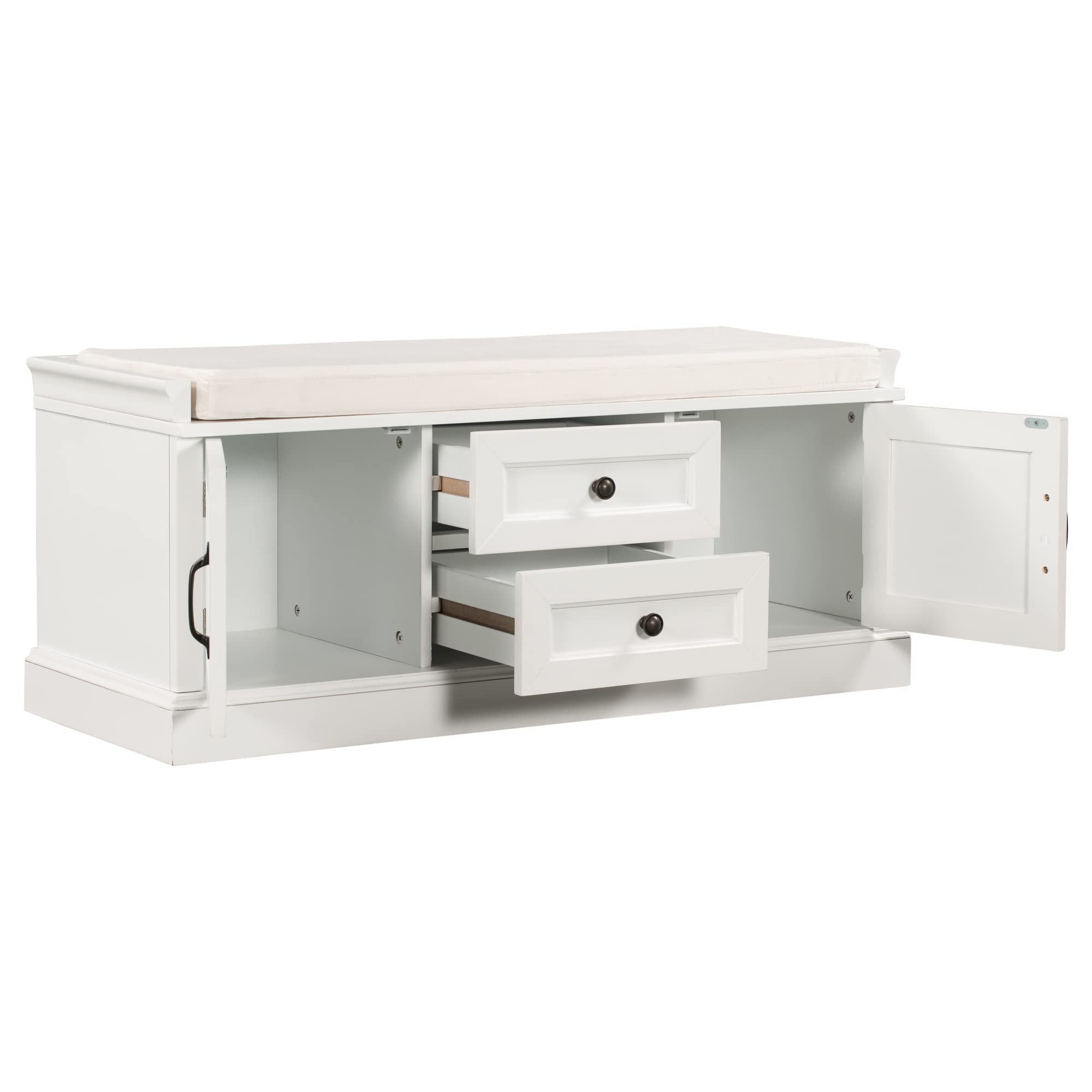 Rustic White Wooden Storage Bench with 2 Cabinets & 2 Drawers, Removable Cushion - Entryway Shoe Bench for Bedroom, Hallway & Living Room Organization | Perfect for Small Spaces & Home Decor