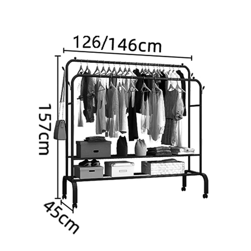 Freestanding Rolling Clothes Rack with Wheels & Double Rails - Heavy Duty Garment Rack with Shelves for Bedroom, Open Wardrobe, Coat Storage (Black, 146x45x157cm) - Perfect for Small Spaces, Apartments & Closet Organization