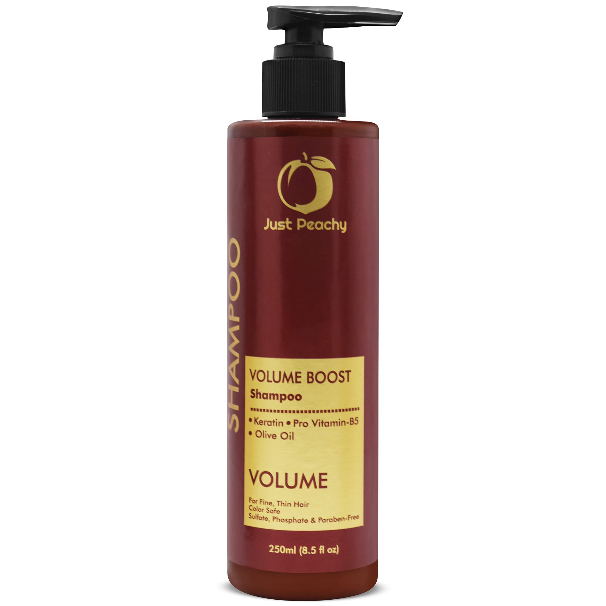 Just Peachy Volume Boost Shampoo with Keratin, Pro Vitamin B5 & Olive Oil - Color Safe for Fine & Thin Hair | Sulfate, Paraben & Phosphate Free | 100% Vegan (250ml) | Adds Volume & Shine for Daily Styling & Special Occasions