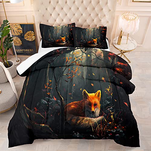 NINENINE Fox Printed Comforter Bedding Set Queen Size - Soft Breathable Microfiber Quilt with Matching Pillowcase, Dark Blue Fox in The Early Morning Forest Pattern for Boys & Teens - Perfect for Bedroom Decor, Kids Room & Cozy Sleep