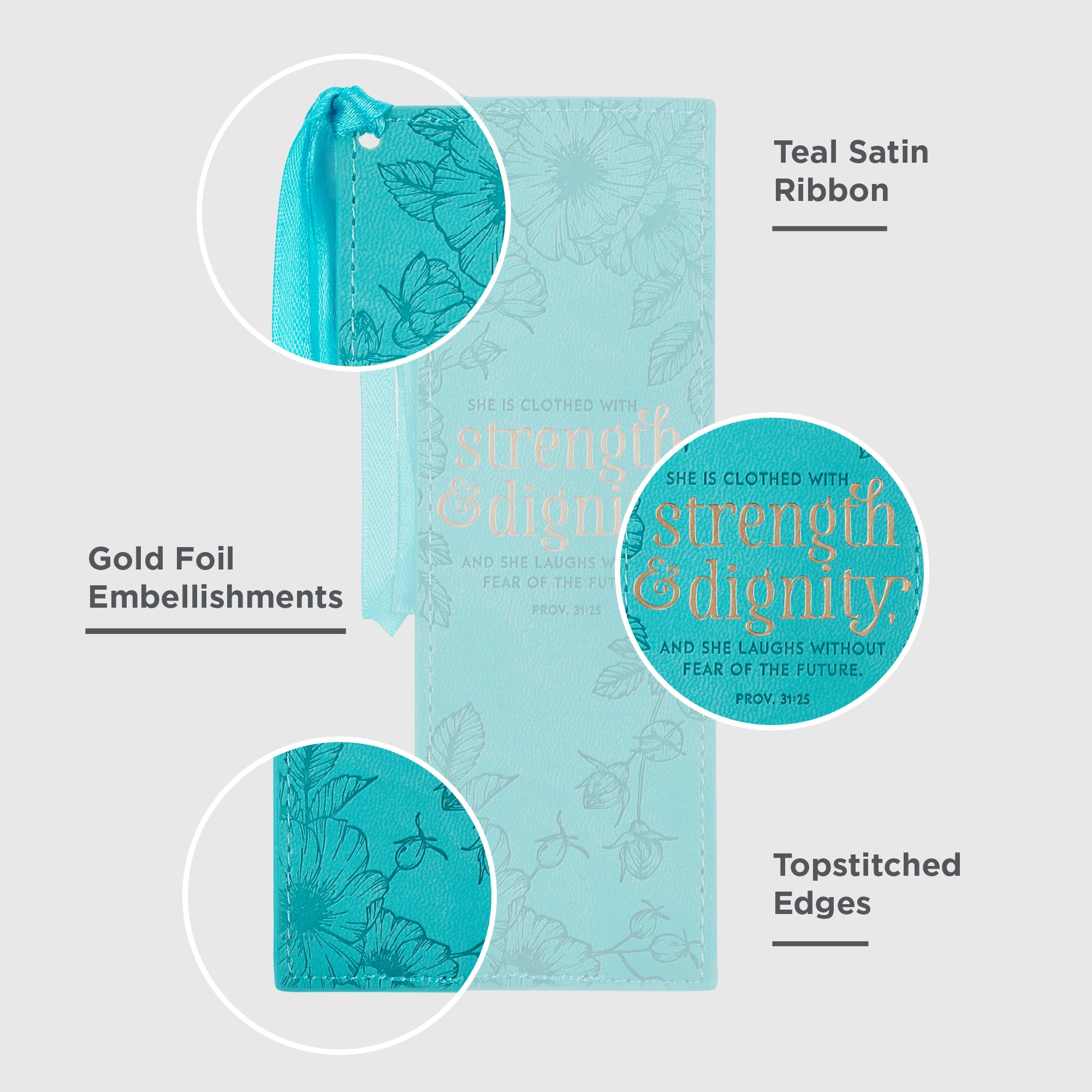 Christian Art Gifts Vegan Faux Leather Scripture Bookmark for Women - Proverbs 31:25 Inspirational Bible Verse (Strength and Dignity) | Heat-Debossed Faith-Based Reading Accessory with Tassel in Teal | Perfect for Bible Study, Church, Prayer Journals & Spiritual Gifts
