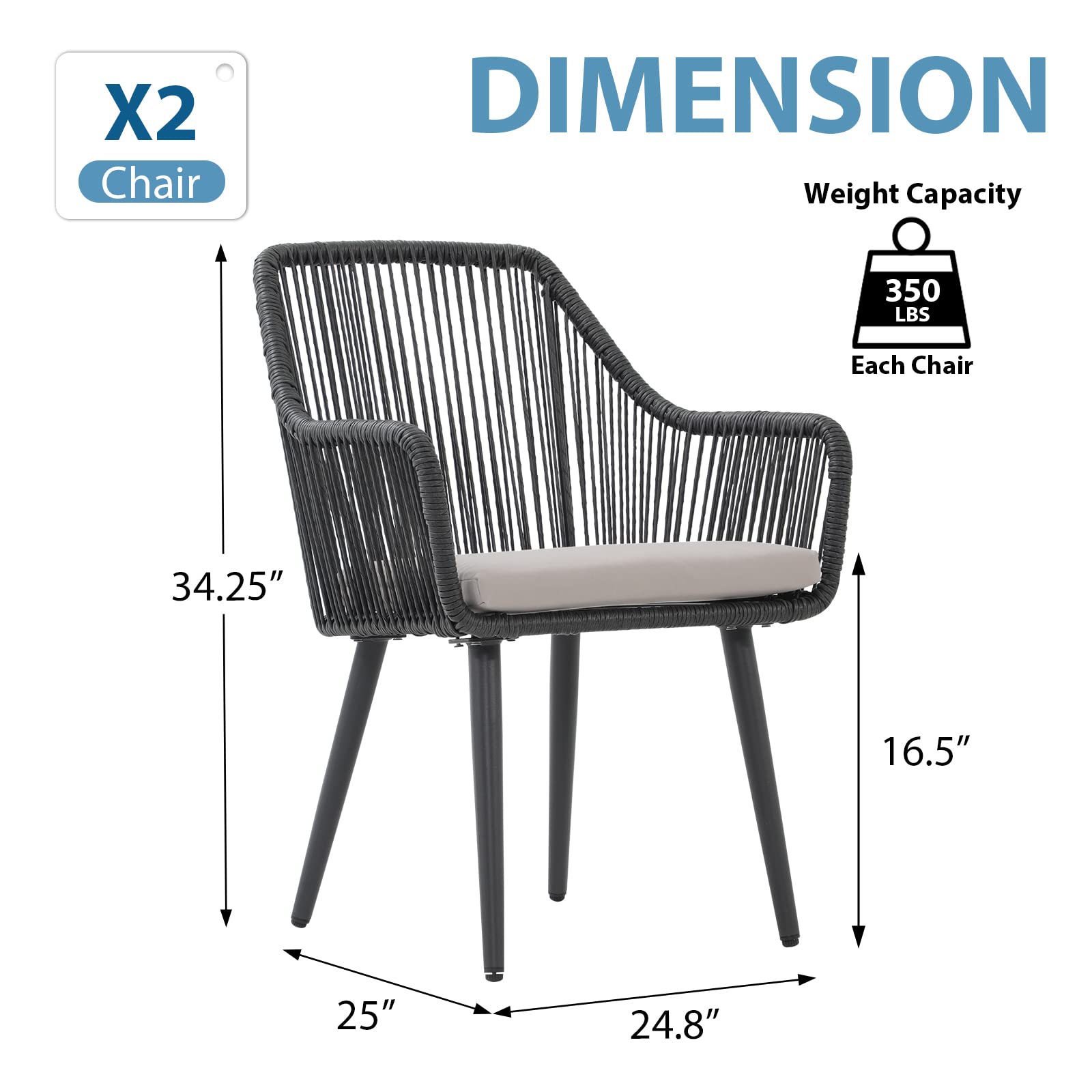 JOIVI 2-Piece Patio Dining Chairs Set - Outdoor Rattan Armchairs with Cushions for Garden, Backyard, Lawn - 350lb Weight Capacity Black Wicker Chairs for Indoor & Outdoor Use - Perfect for Dining, Lounging, and Entertaining Guests