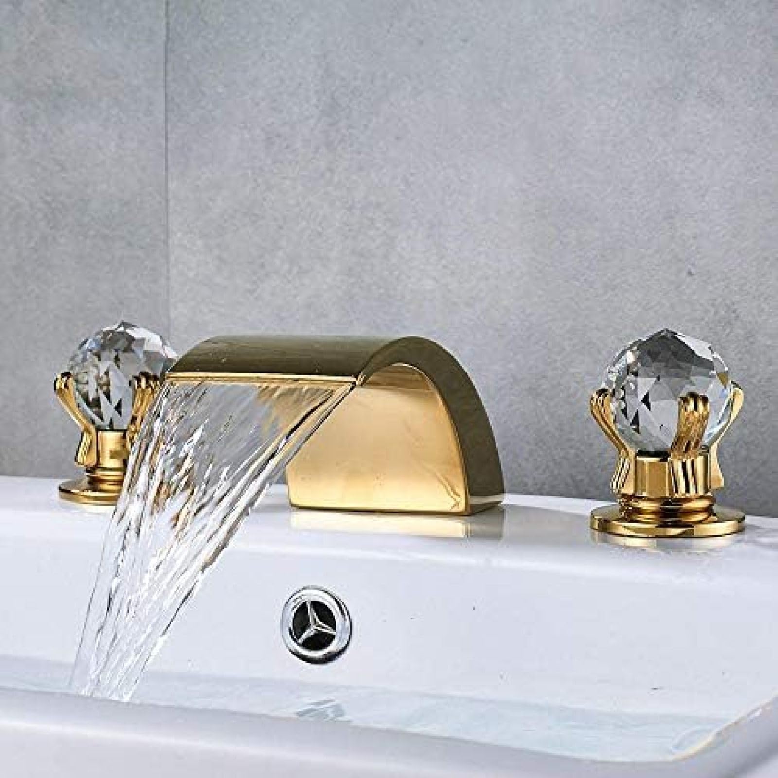 CRJUS Gold Waterfall Bathroom Faucet - Deck Mount Basin Mixer Tap with Crystal Handle for Bathroom Sink & Tub - Modern Luxury Faucet for Home, Hotel, and Spa Decor