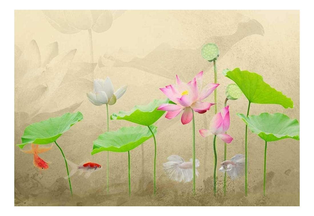 Under The Sea Water Lilies with Gold Fish Wall Mural - 66x96 Inches Removable Sticker for Home Decor - Perfect for Living Room, Bedroom & Office Wall Art