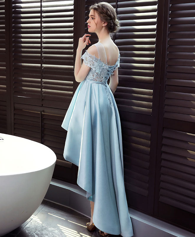 Elegant Light Blue Satin Lace Prom Dress | Blue Lace Evening Gown for Women | Perfect for Homecoming, Formal Dances & Special Occasions