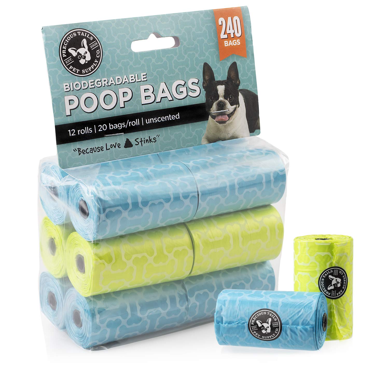 **Eco-Friendly Biodegradable Dog Poop Bags – Unscented Dog Waste Bags, 240 Count (Blue & Green Bone Design) – Perfect for Walks, Parks & Travel**