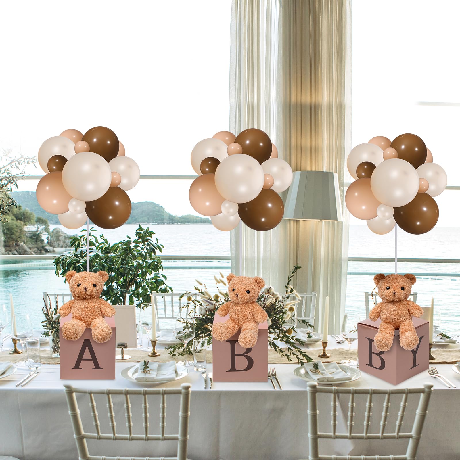 Jungle Animal Baby Shower Decorations - 3-Piece Set with Plush Stuffed Animals, Letter Boxes, Balloon Stand & Table Centerpiece for Gender Reveal Party (Brown Bear Theme) | Perfect for Nursery Decor, First Birthday Party & Baby Shower Gift