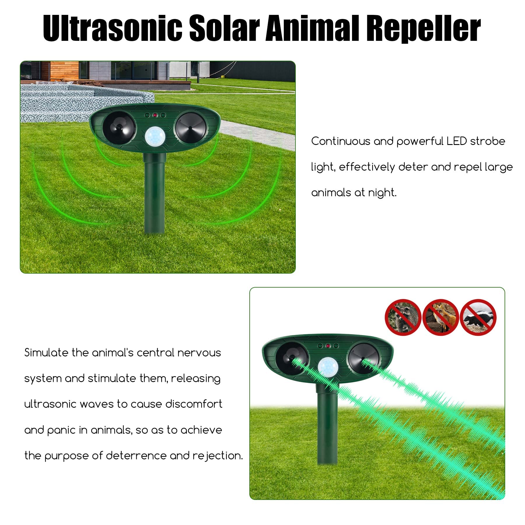 Solar Powered Ultrasonic Animal Repeller Outdoor - 2 Pack Motion Activated Pest Control Device for Deer, Cats, Skunks, Squirrels, Raccoons, Rabbits & Coyotes - Ideal for Yard, Garden & Farm Protection