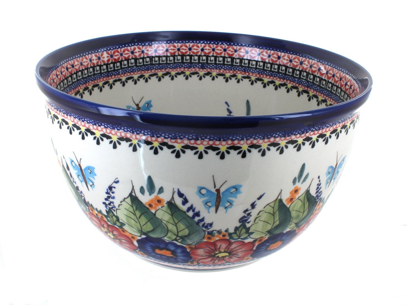 Handmade Blue Rose Polish Pottery Mixing Bowl with Floral Butterfly Design - Large Ceramic Bowl for Baking, Serving & Kitchen Decor