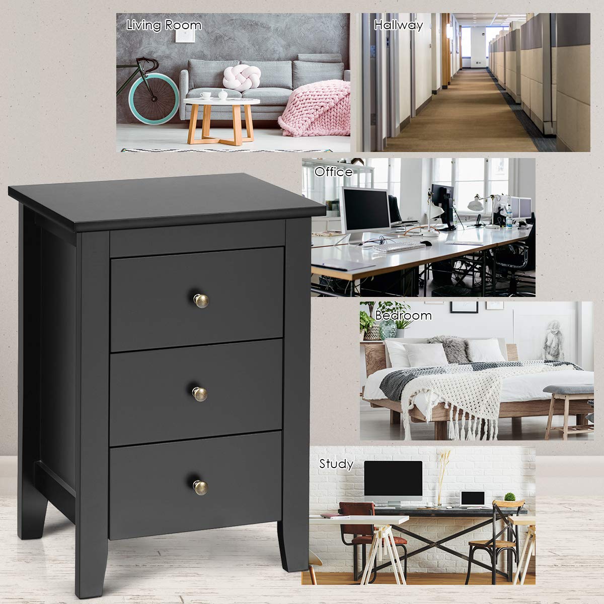 Giantex 2-Pack Nightstand Set with 3 Drawers - Solid Wood Legs Bedside Table, Storage Cabinet for Small Spaces - Perfect for Bedroom, Living Room & Apartment (Black)