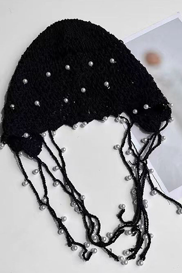 Stylish Solid Pearl Embellished Hollow Knit Winter Hat for Women - Perfect for Cold Weather, Outdoor Activities & Fashion Accessories