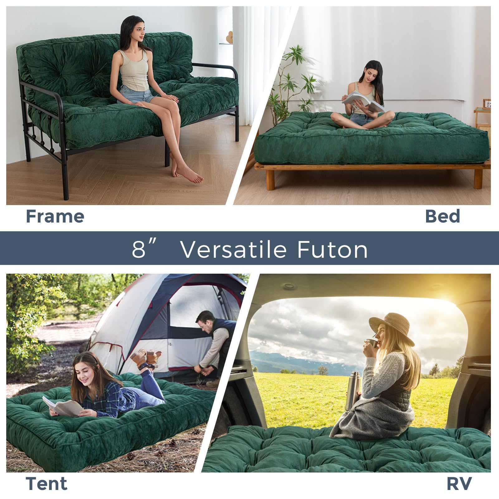 MAXYOYO 8 Inch Full Size Futon Mattress - Extra Thick Velvet Sofa Bed & Floor Mattress for Adults with Shredded Foam Filling (Green) - Perfect for Guest Rooms, Dorms, Apartments & Small Spaces