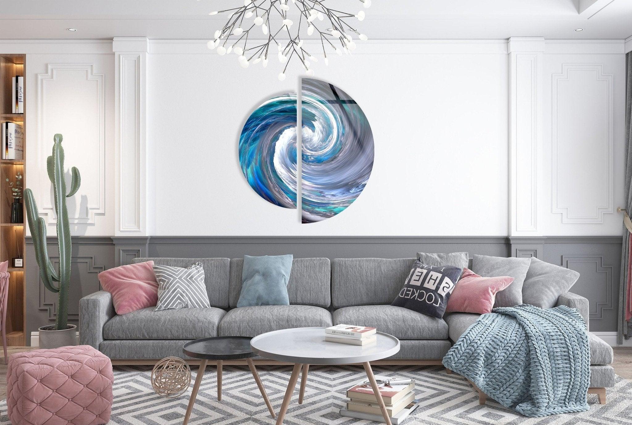 2 Piece Blue Abstract Glass Wall Art Set - Modern Home Decor for Living Room, Bedroom & Office - Handmade Glass Painting for Unique Interior Design