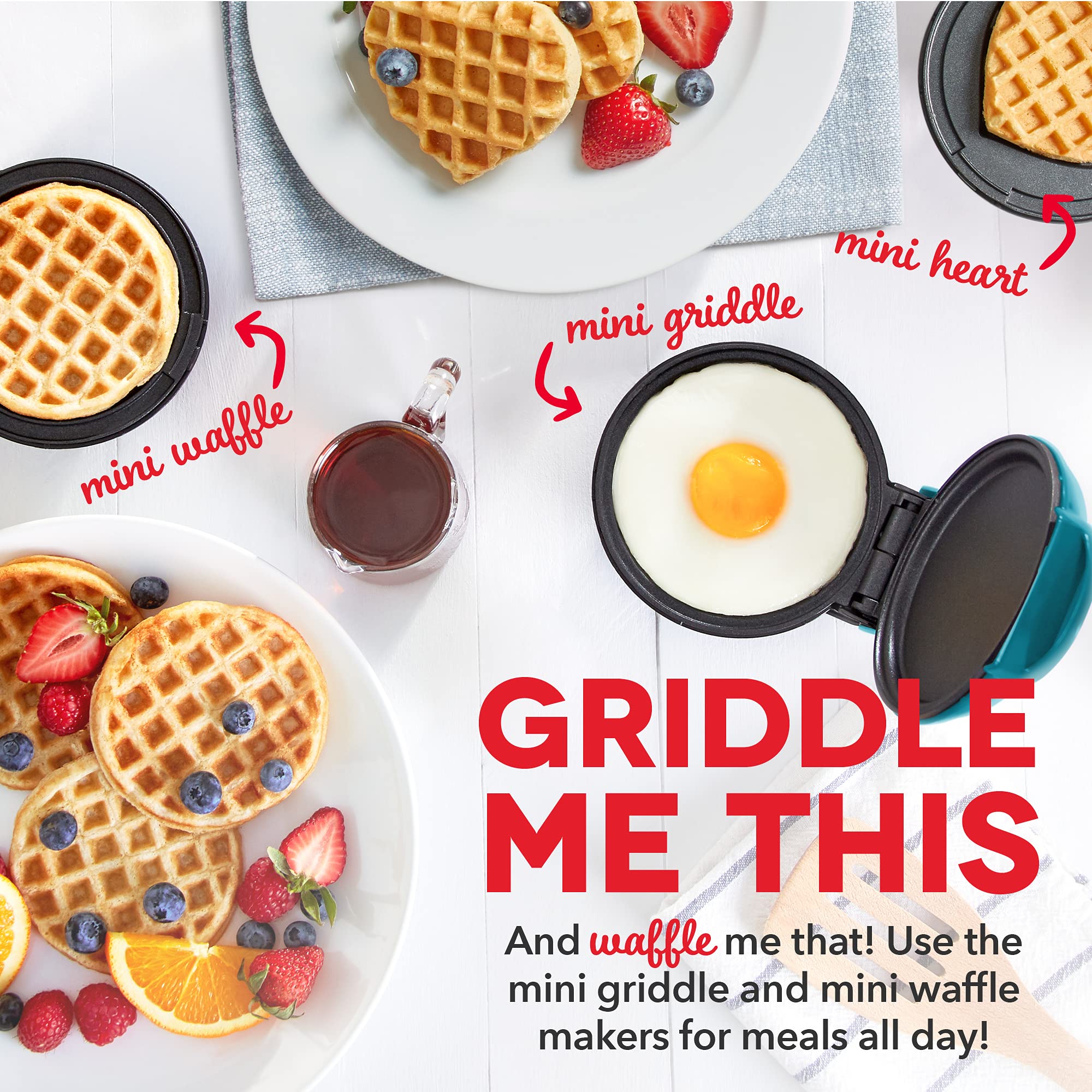 DASH Mini Waffle Maker 3-Pack Gift Set - Mini Round Waffle Iron, Heart Waffle Maker & Mini Griddle for Pancakes - Perfect for Breakfast, Desserts & Kids Snacks - Compact Kitchen Appliances for Small Spaces