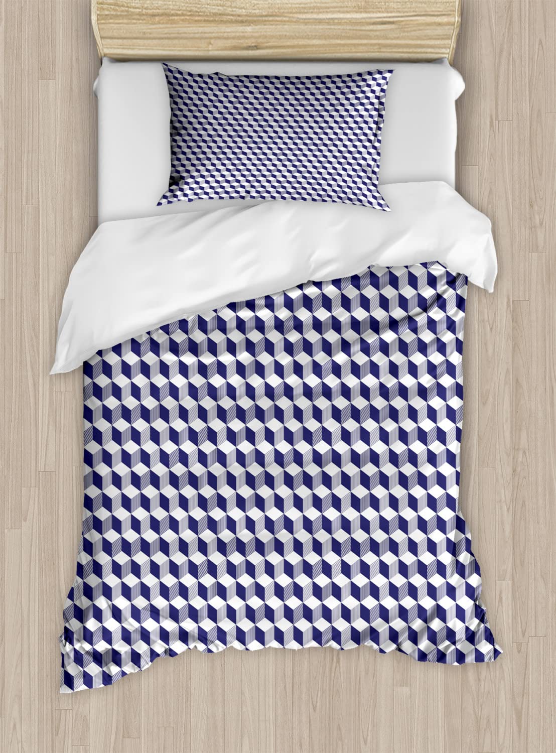 Ambesonne Navy Blue Duvet Cover Set - Abstract 3D Cube Geometric Pattern with Stripes & Lines - 2 Twin Size Duvet Covers & Pillowcases - Soft Bedding Set for Modern Bedrooms - Perfect for Guest Rooms, Dorms & Kids' Rooms