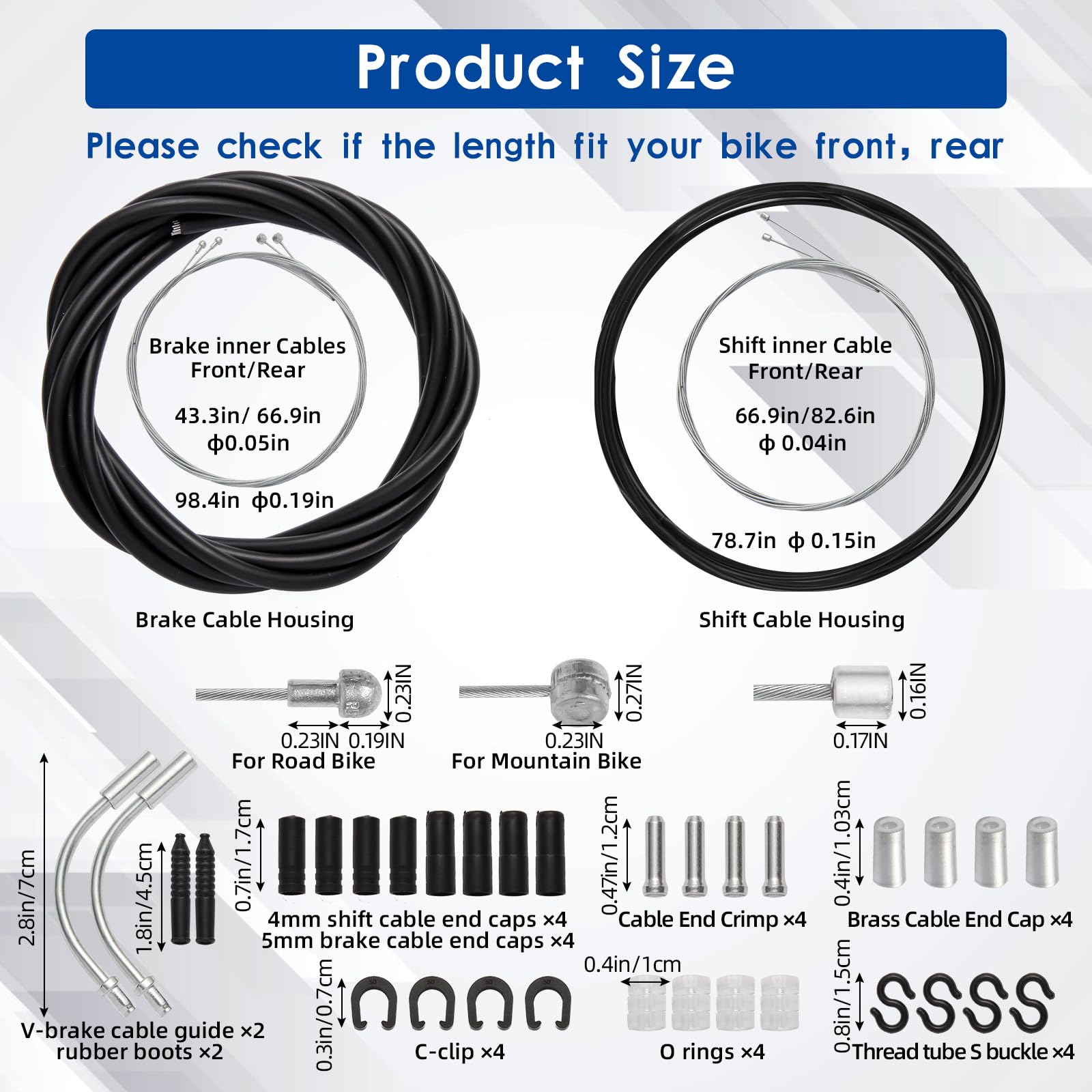 Universal Bike Brake & Shift Derailleur Cable Kit - Standard Bicycle Transmission Line with Cable End Caps & O-Rings - Compatible with Front/Rear MTB & Road Bikes - Perfect for Bike Maintenance & Repair (Mountain, Road, Commuter Cycling)