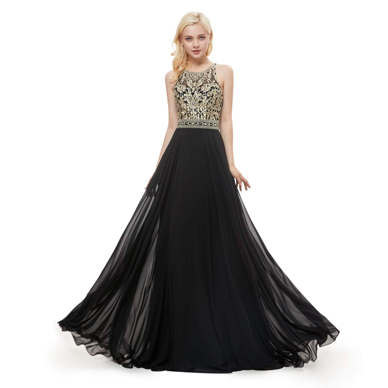 Elegant Gold Embroidered Black Chiffon A-Line Evening Prom Dress for Women - Perfect for Formal Events, Galas & Special Occasions