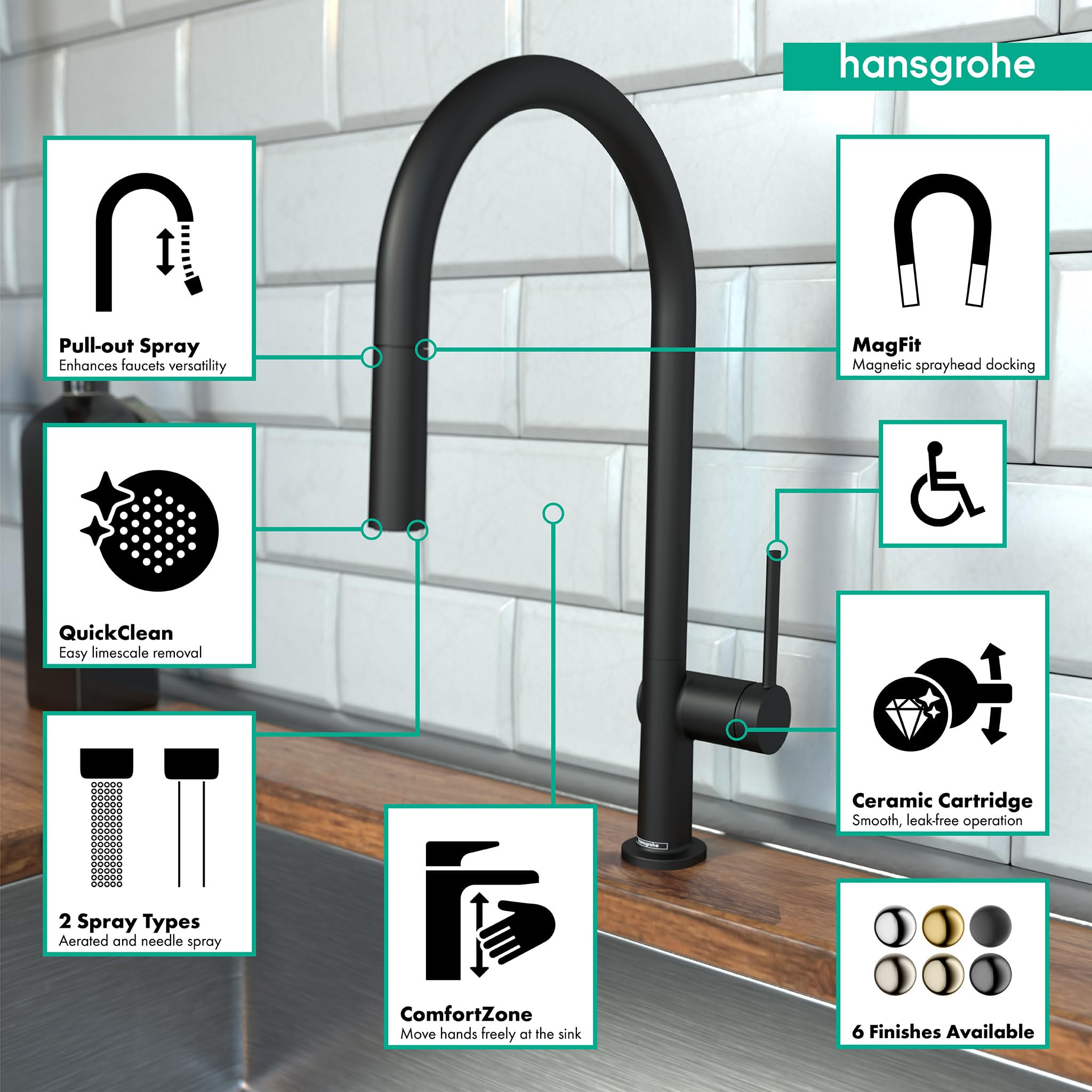 Hansgrohe Talis N Black High Arc Kitchen Faucet with Pull Down Sprayer - Matte Black for Modern Kitchens