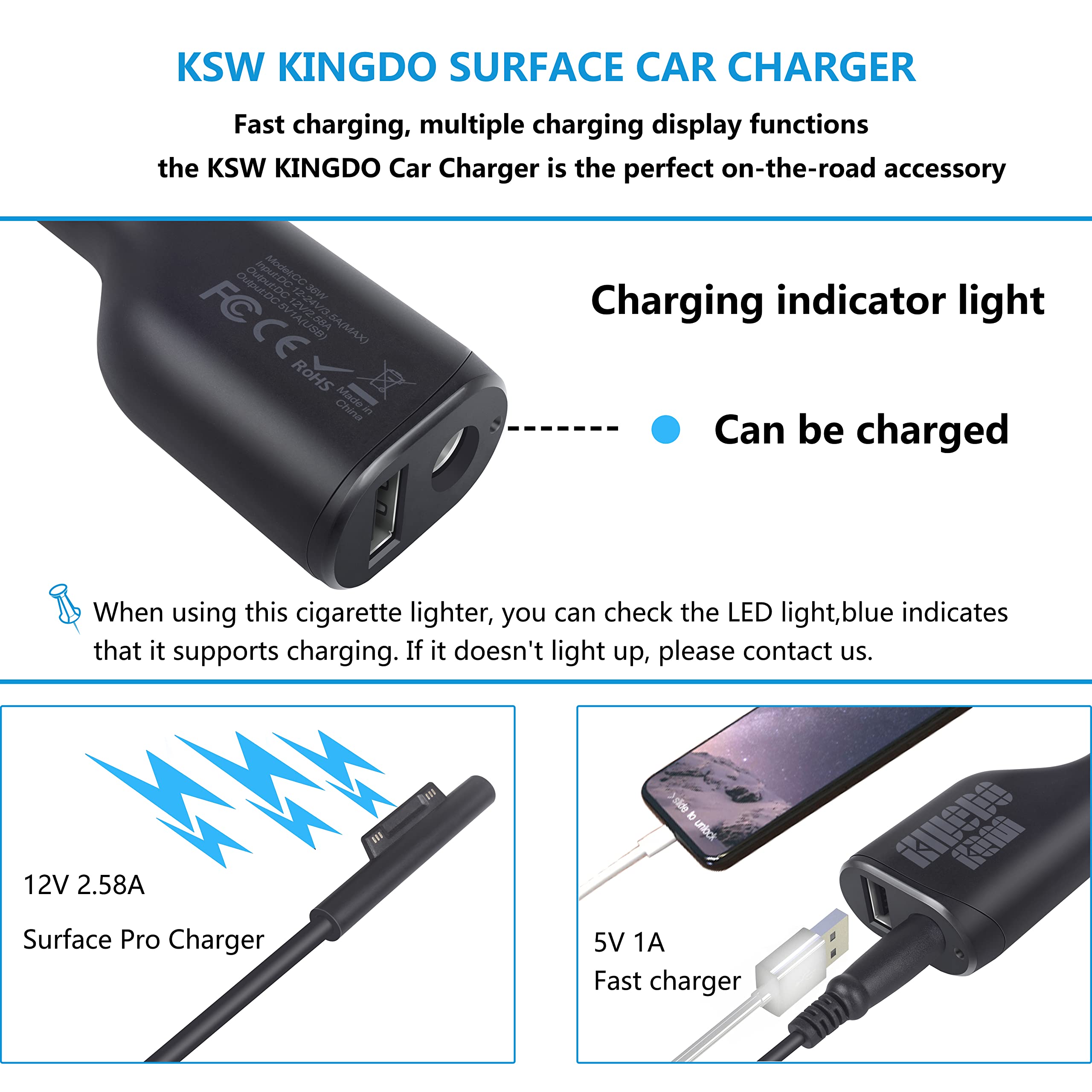 36W 12V 2.58A Microsoft Surface Car Charger - Compatible with Surface Pro 3/4/5/6/9, Surface Book, Surface Go & Laptop - Includes USB 2.0 Port (5Ft Cord) & Travel Case - Perfect for Road Trips & Business Travel