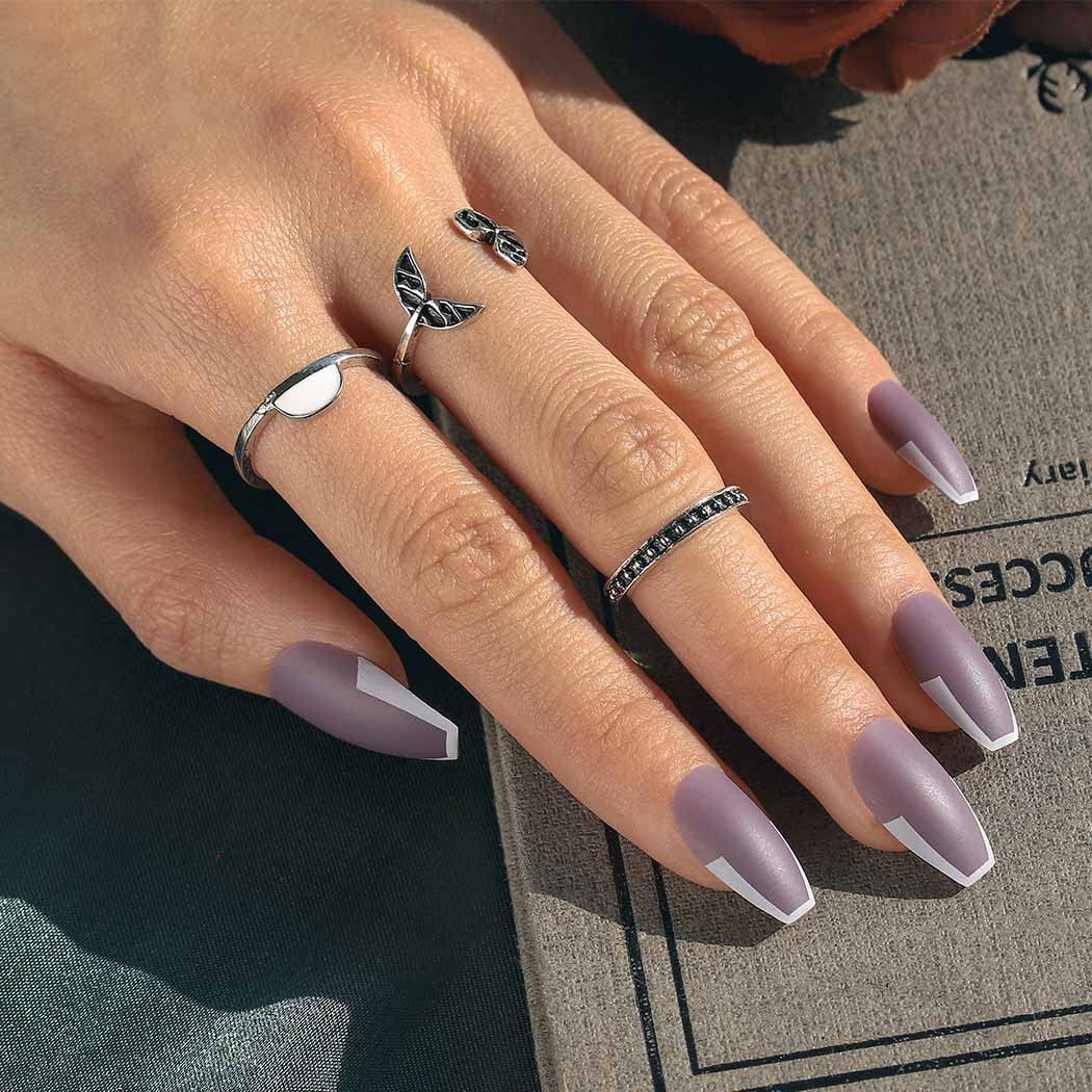24Pcs Matte Ballerina Long False Nails - Coffin Purple French Tip Acrylic Nail Tips for Women | Full Cover Salon Quality Fake Nails | Perfect for Parties, Weddings & Special Occasions