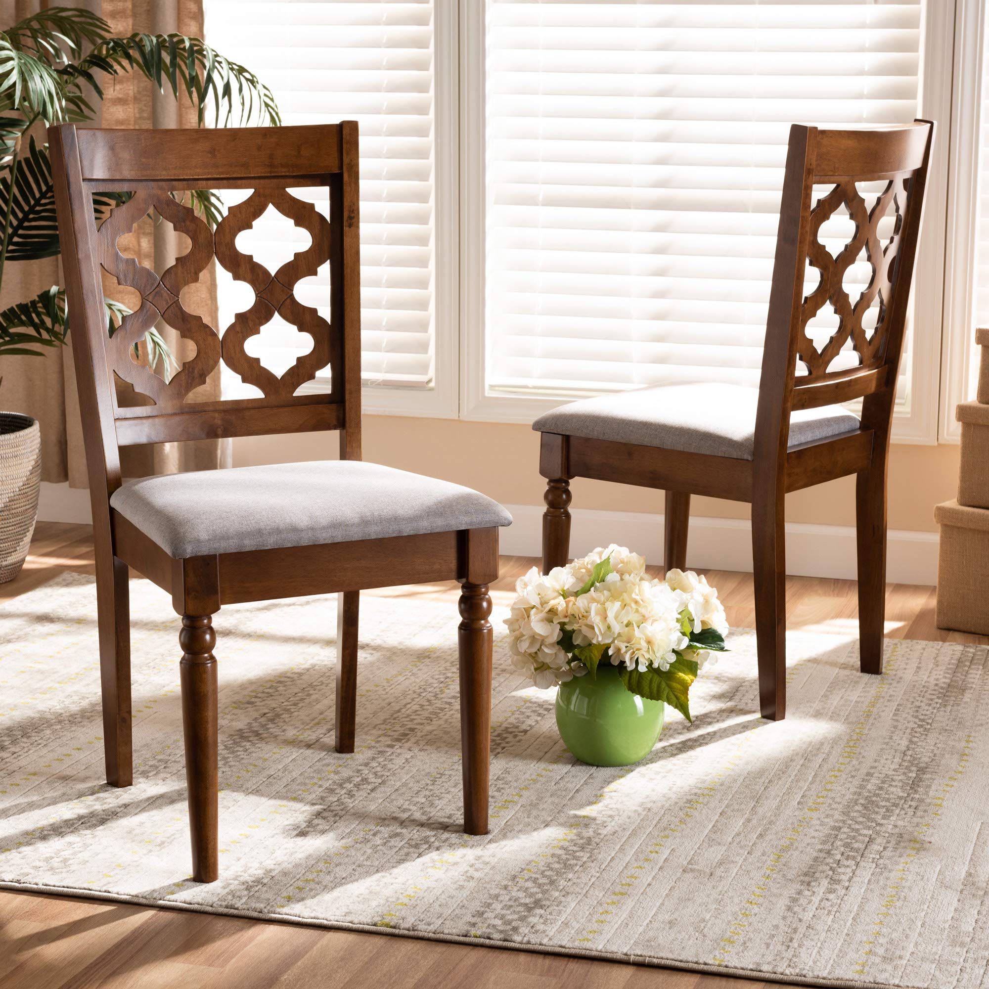 Baxton Studio Ramiro 2-Piece Dining Chair Set - Grey Fabric Upholstered & Walnut Brown Wood - Modern Kitchen & Dining Room Chairs for Home Decor