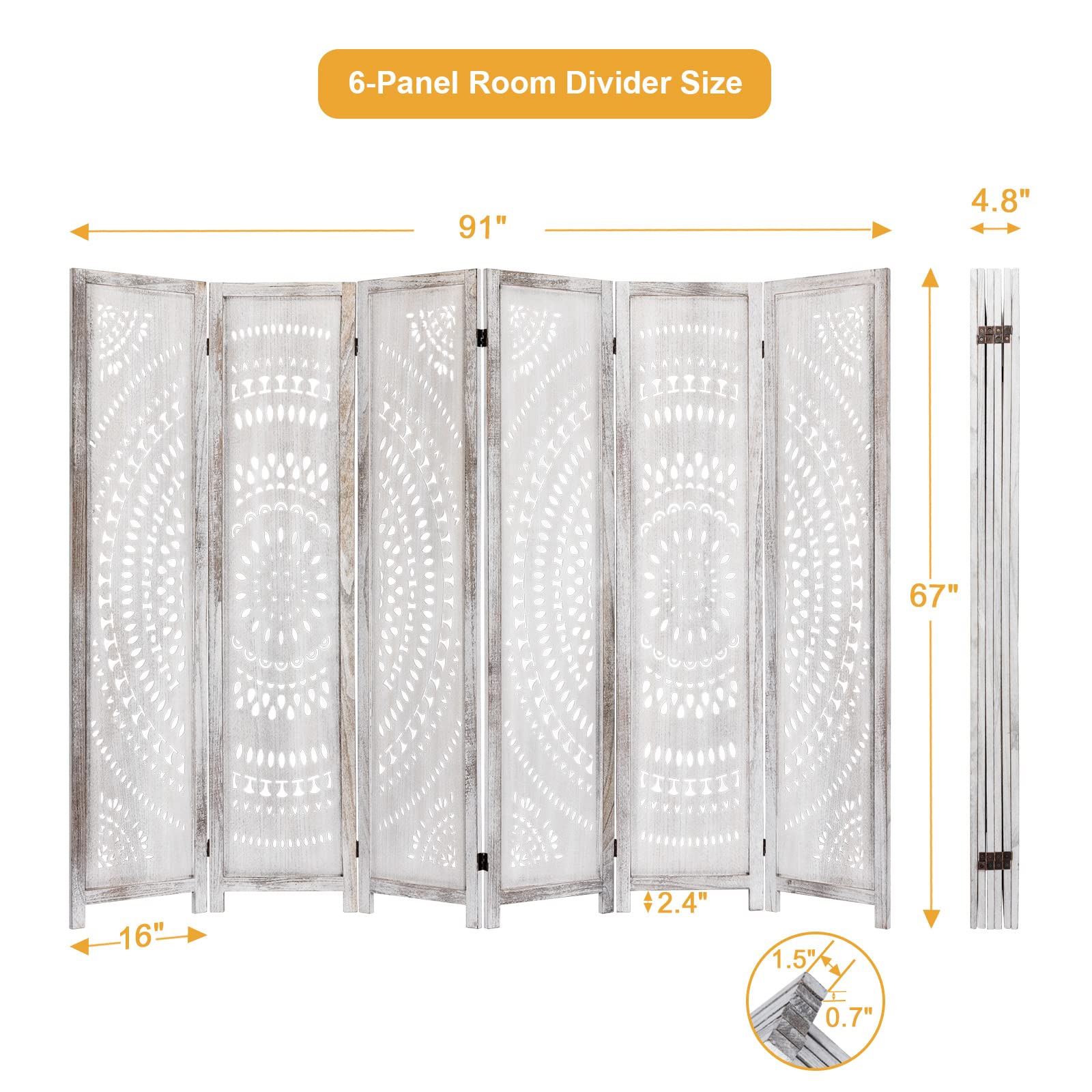 6 Panel White Wood Folding Room Divider Screen - 66.9 Inch Privacy Partition for Living Room, Bedroom & Office - No Assembly Needed - Perfect for Space Separation, Home Decor & Event Setup