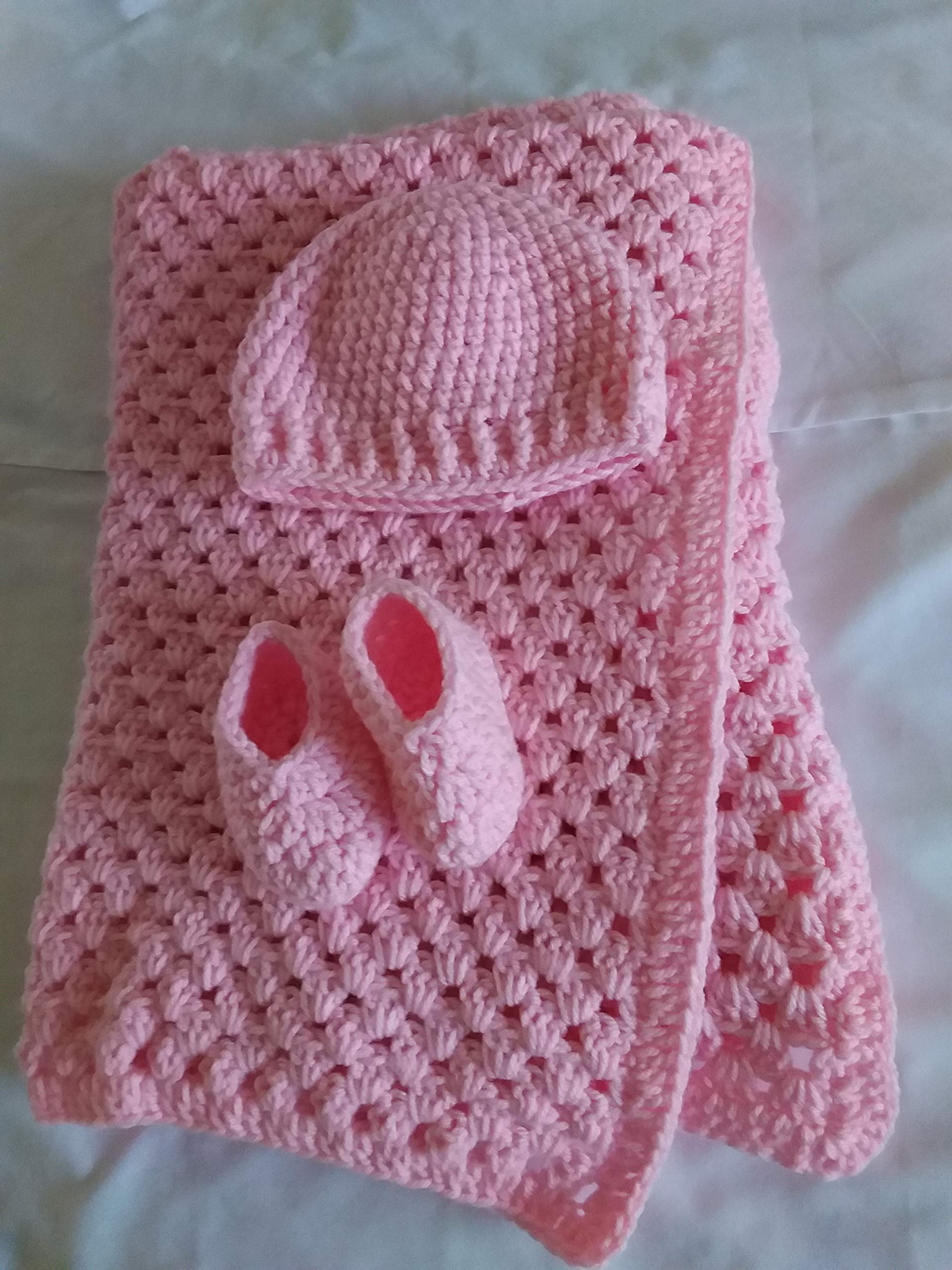 Handmade Crochet Pink Baby Blanket Set with Matching Hat & Booties - Soft Newborn Afghan Gift for Baby Girls - Perfect for Baby Showers, Christenings & Nursery Decor