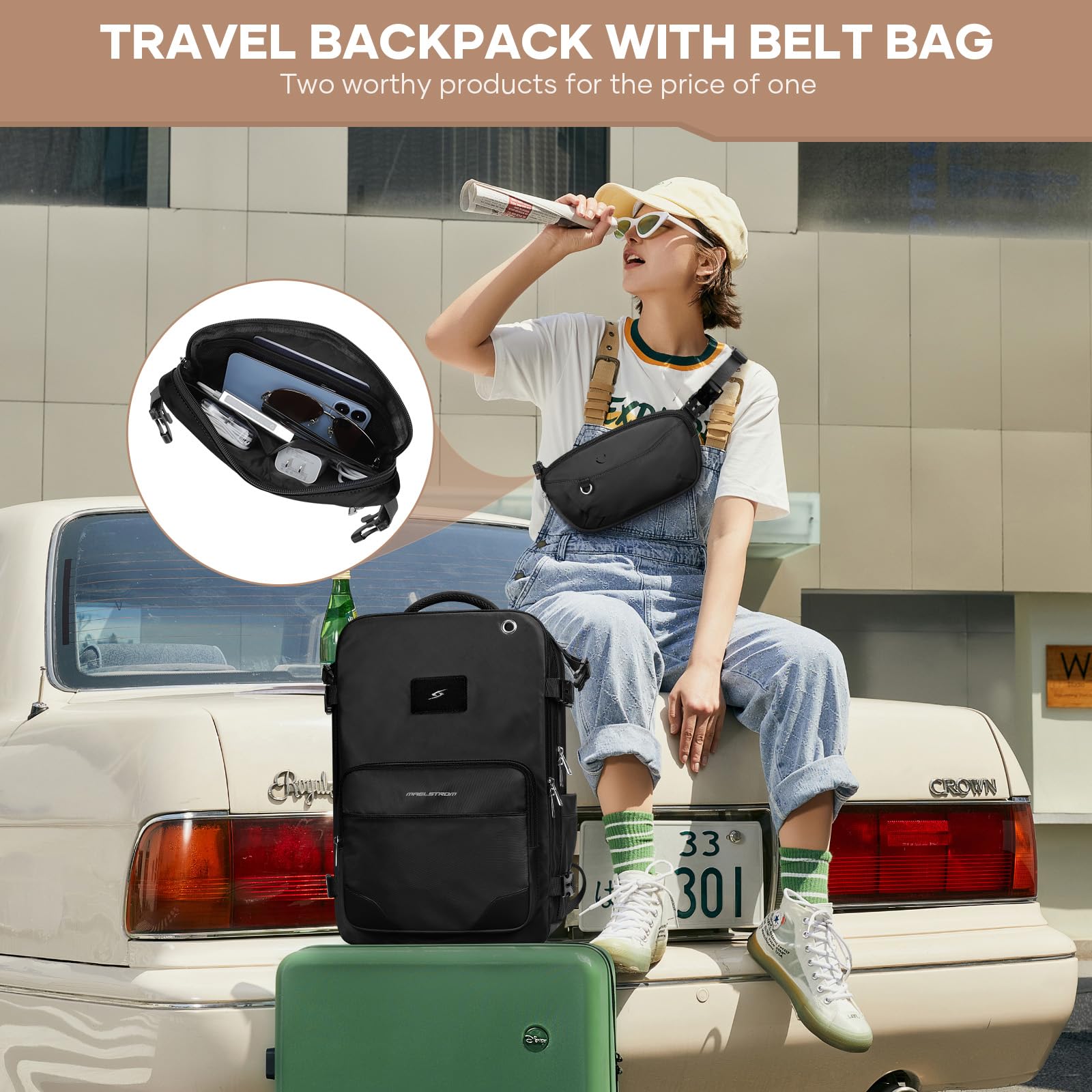 Maelstrom 35L Waterproof Travel Backpack for Men & Women - Carry On Laptop Backpack with Belt Bag & Shoe Compartment, Fits 17” Laptop - Pure Black, Large - Ideal for Airplane Travel, Hiking & Daily Commute