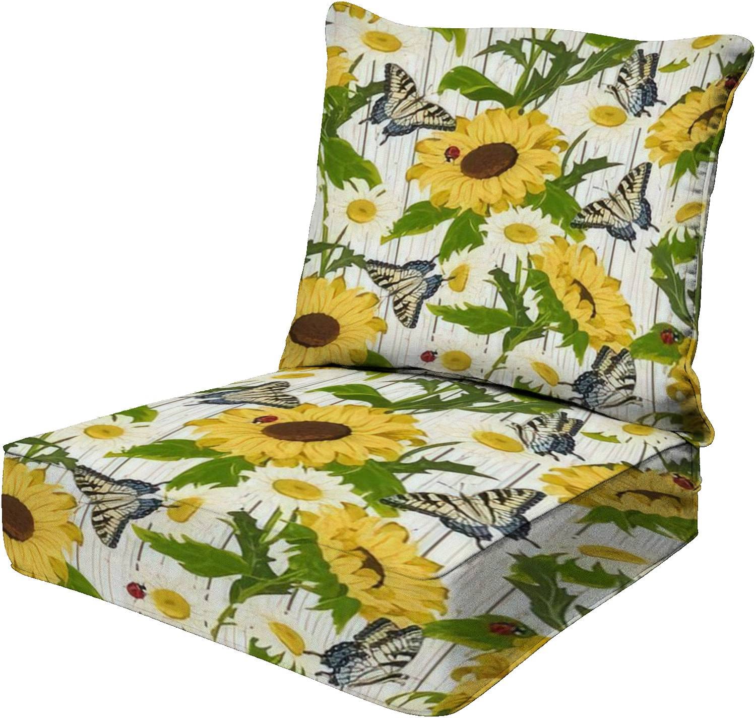 **Outdoor Indoor Patio Deep Seat Cushions - Sunflower Butterfly Print - Wooden Chair Cushions for Poolside, Lounge, and Furniture Replacement - Perfect for Garden, Deck, and Relaxation**