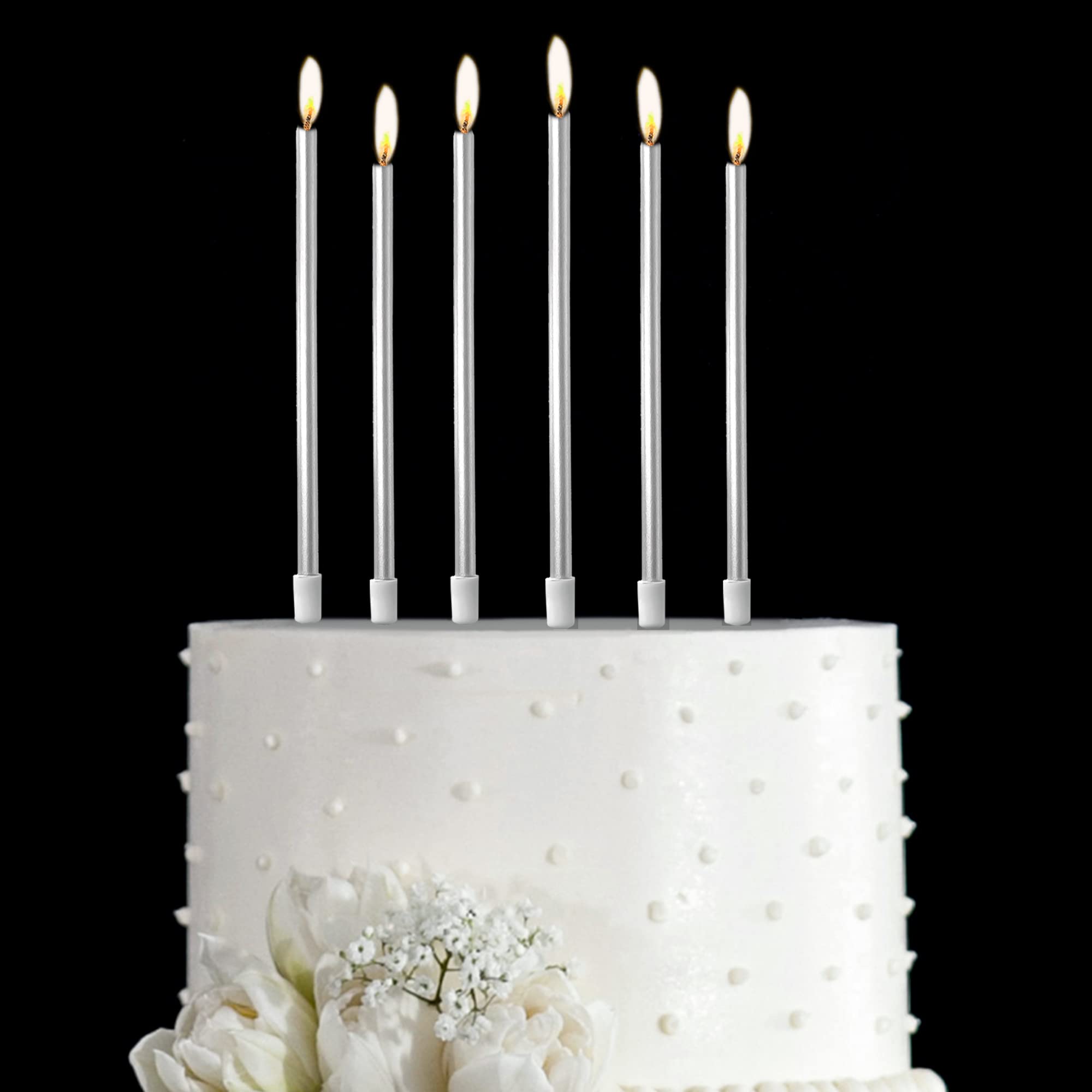 24-Pack Silver Metallic Long Thin Cake Candles with Holders - Elegant Cupcake & Wedding Cake Decorations for Birthdays, Parties & Special Celebrations