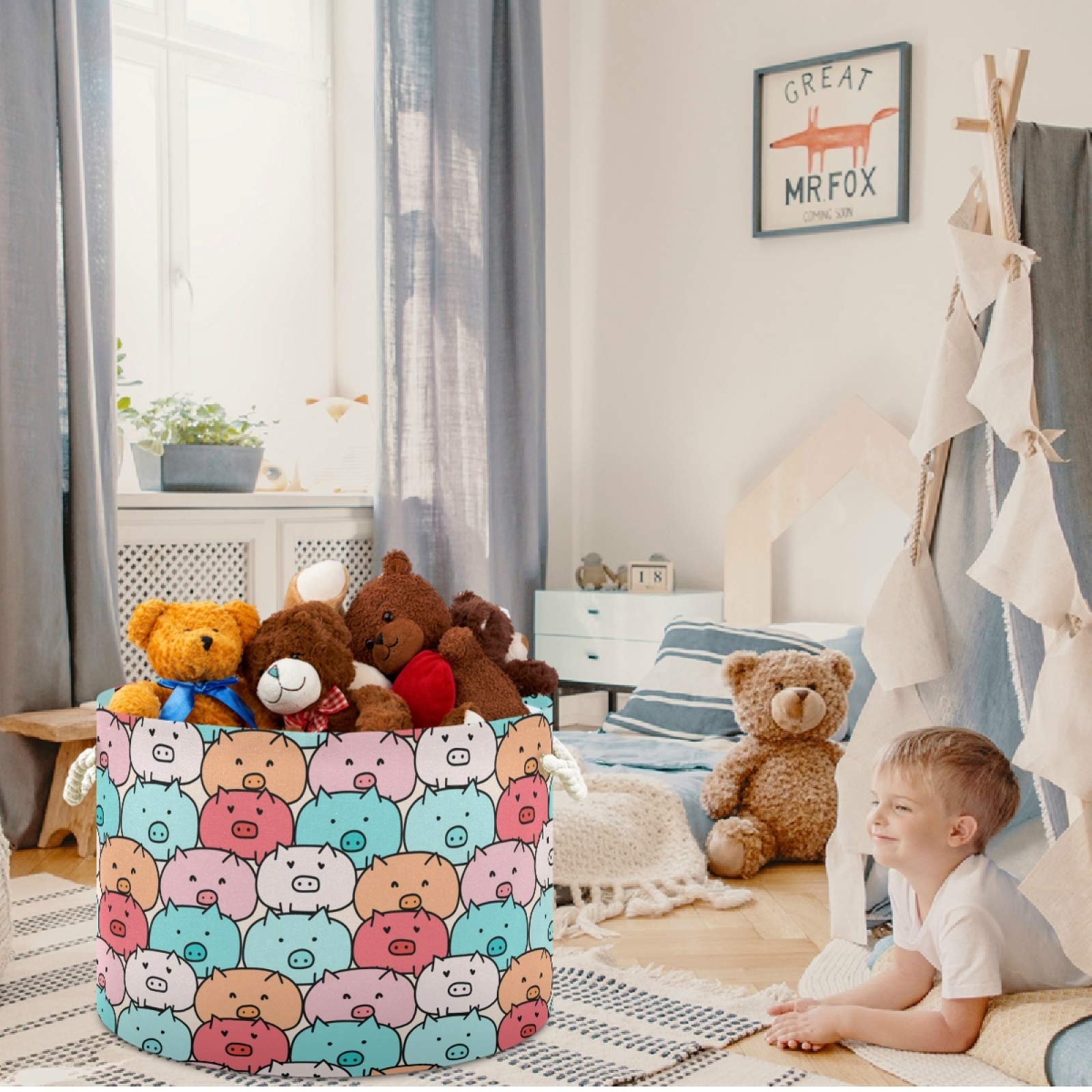 Visesunny Collapsible Large Capacity Pig Cartoon Storage Basket - Durable Cotton Handles Laundry Hamper for Clothes, Toys & Home Organization - Perfect for Bathroom, Bedroom, Nursery & Closet Storage Solutions