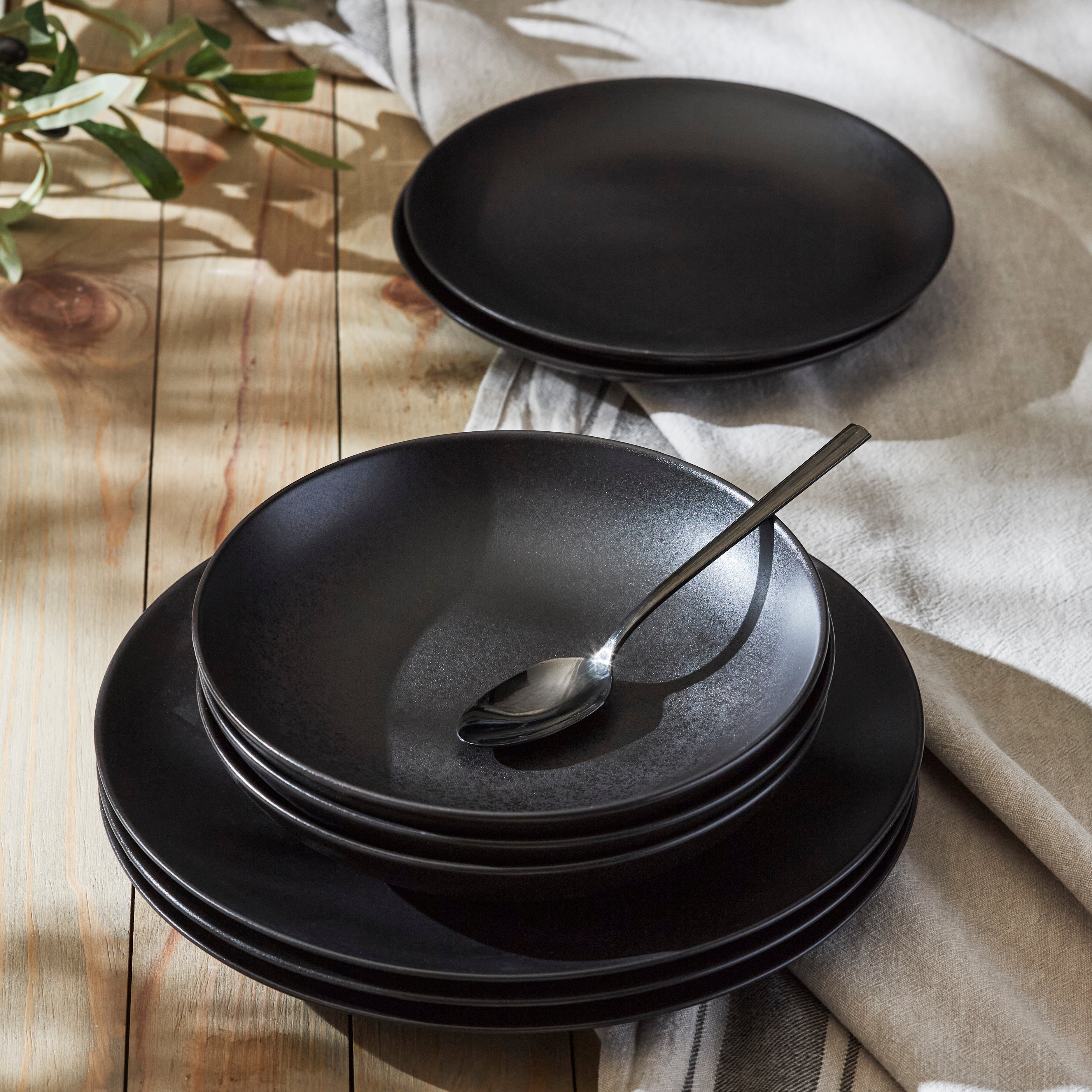 Premium Black Matte Stoneware Dinnerware Set - Handcrafted in Portugal - Elegant 16-Piece Set for Everyday Dining & Entertaining