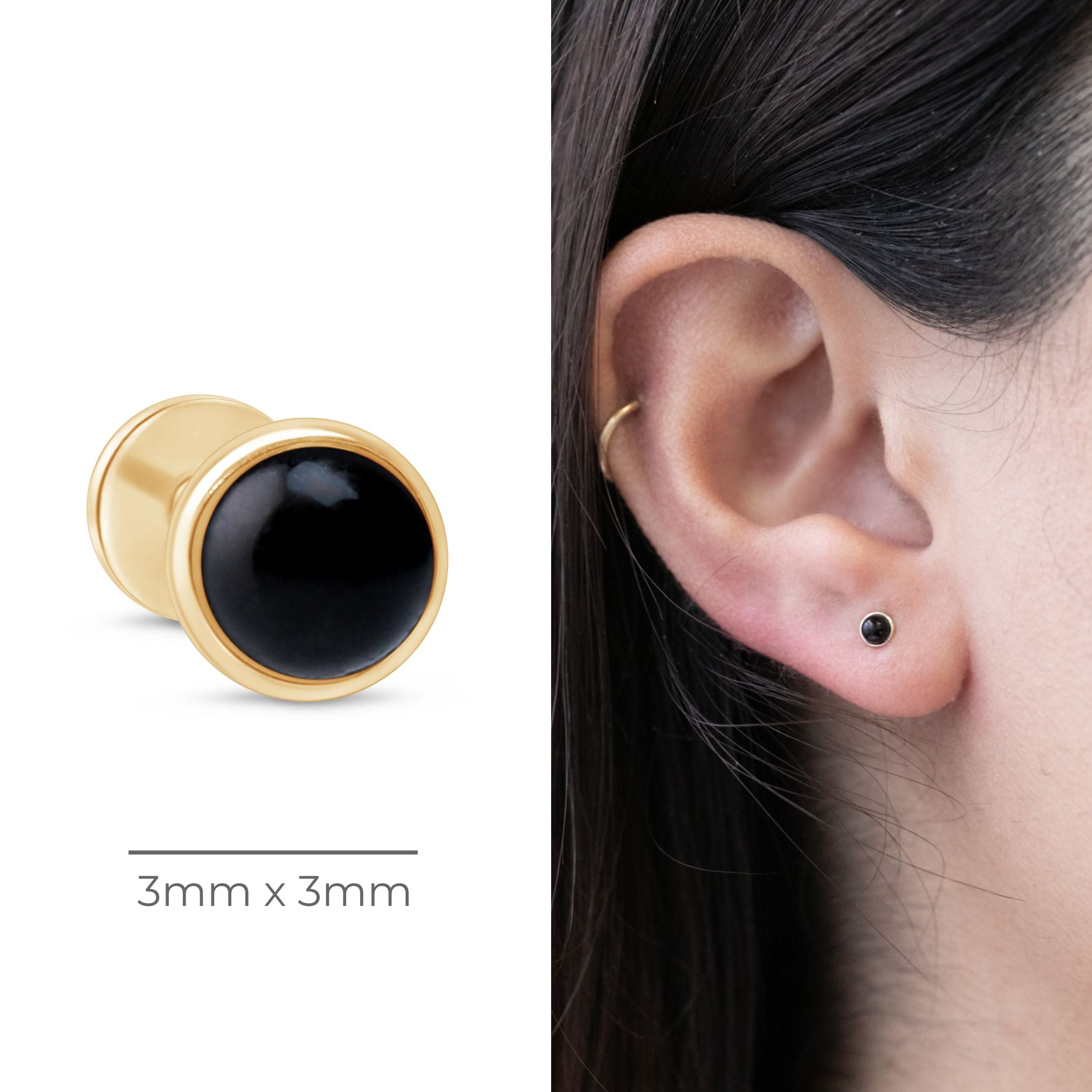 14K Yellow Gold Round Cabochon Black Onyx Stud Earrings - Flat Back Bezel Set for Everyday Wear, Gift Giving & Special Occasions