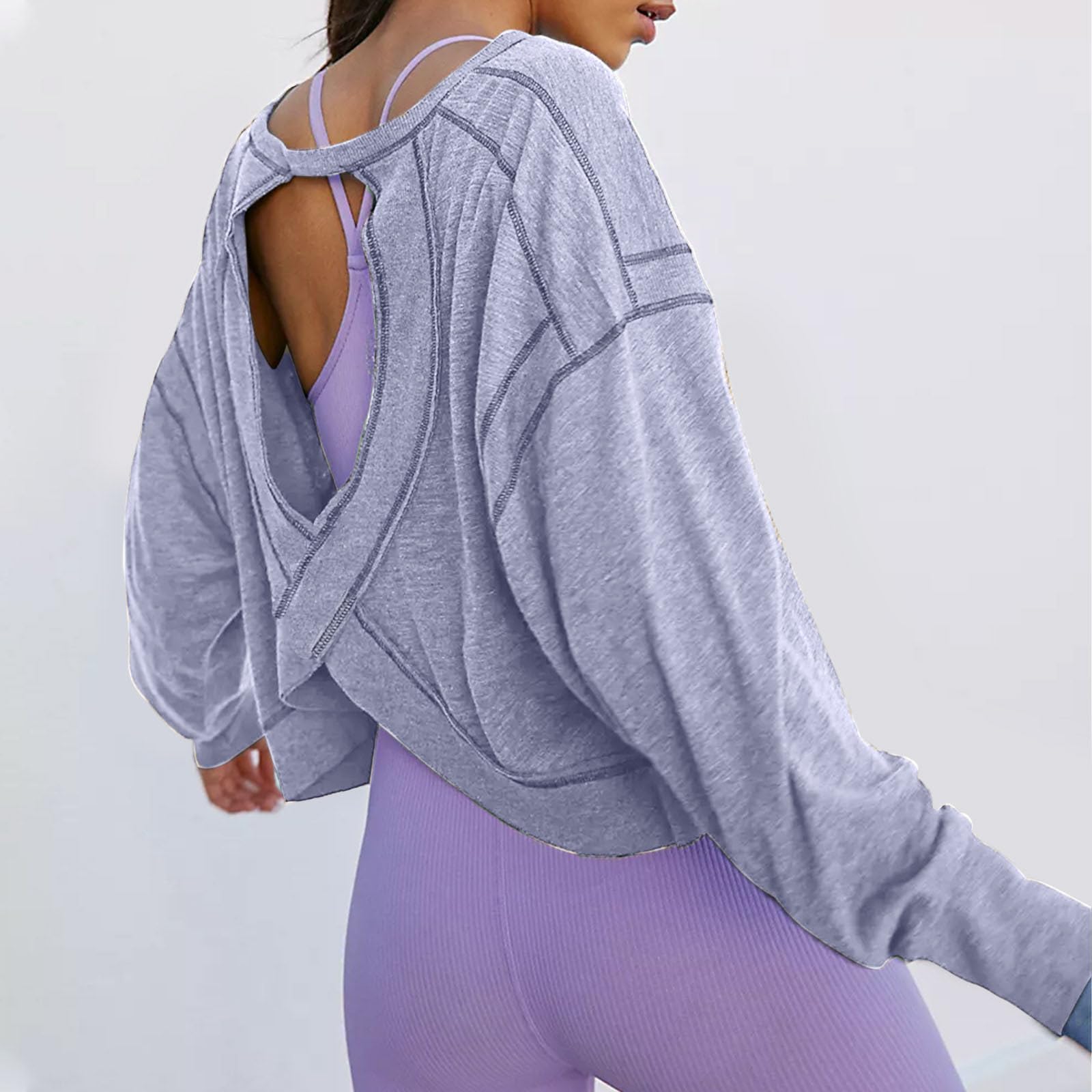 2024 Y2K Preppy Women's Thumb Hole Long Sleeve Backless Crop Top - Oversized Crewneck Open Back Cross Blouse for Casual Wear & Street Fashion