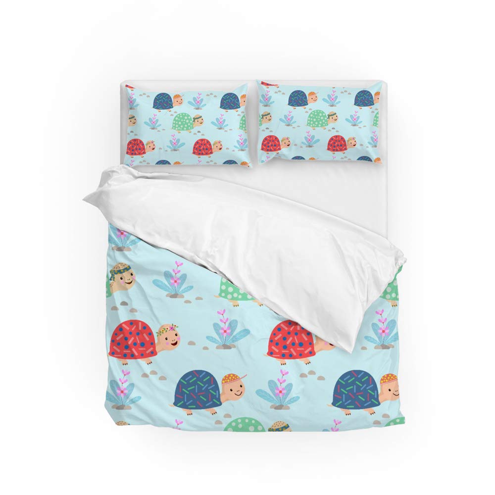 Sea Turtle Cartoon Twin Size Duvet Cover Set - Floral Pattern Blue Bedding with Zipper Closure, Corner Ties & Pillow Sham (2-Piece) | Perfect for Kids' Rooms, Beach Themed Decor & Ocean Lovers