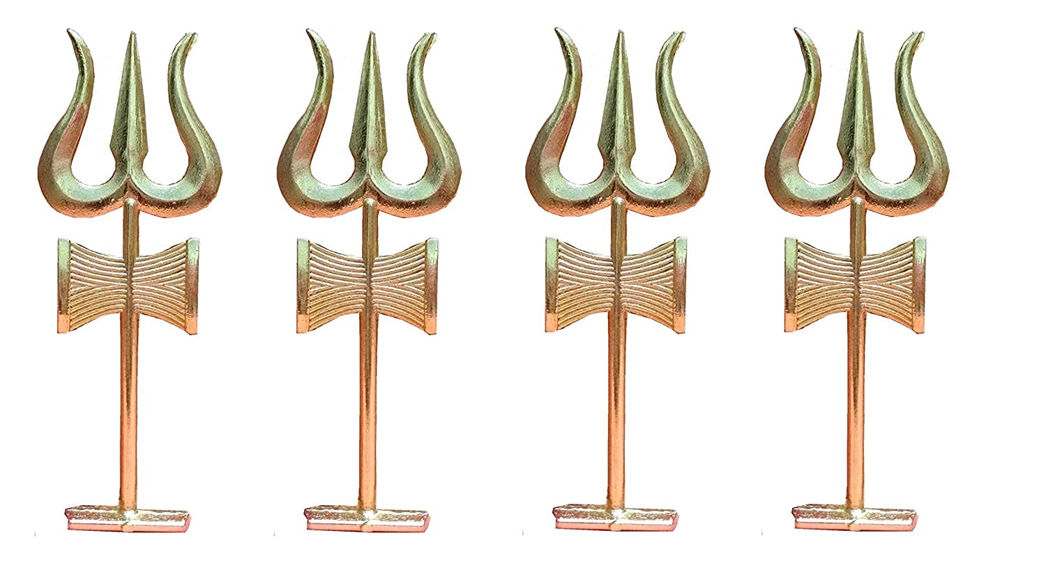 Brass Trishul Damru Statue with Stand - Pack of 4 for Car Dashboard & Home Puja - Hindu Spiritual Decor to Remove Negativity & Attract Positive Energy - Perfect for Meditation Altar, Office Desk & Gift Giving