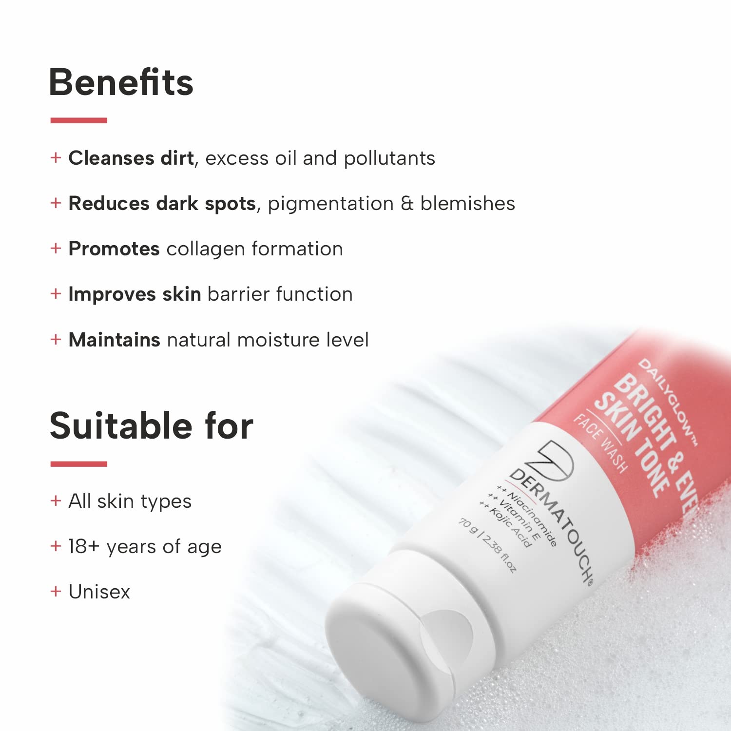 DERMATOUCH Brightening Face Wash with Niacinamide, Vitamin E & Kojic Acid - Gentle Daily Cleanser for Tan Removal, Pigmentation & Uneven Skin Tone - 70g | Perfect for Morning & Night Skincare Routine