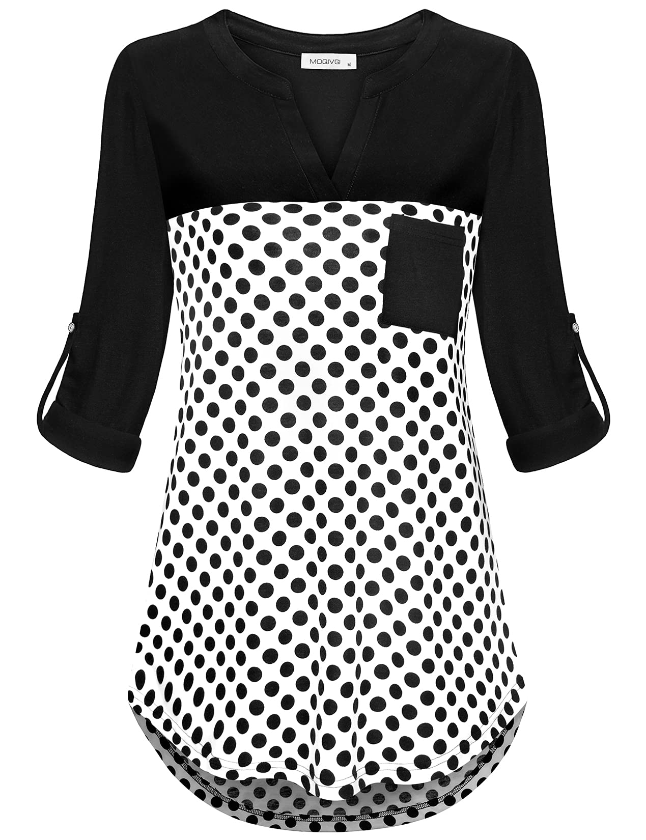 MOQIVGI Women's Roll Up Long Sleeve V Neck Patchwork Blouse - Stylish Casual & Office Tops for Spring & Fall | Work, Date Night & Weekend Outfits | Perfect for Business Meetings, Cocktail Parties, Brunch Dates & Layering | Versatile for Office Wear, Seasonal Transitions & Everyday Fashion | Great for Professional Settings, Social Events & Daily Style