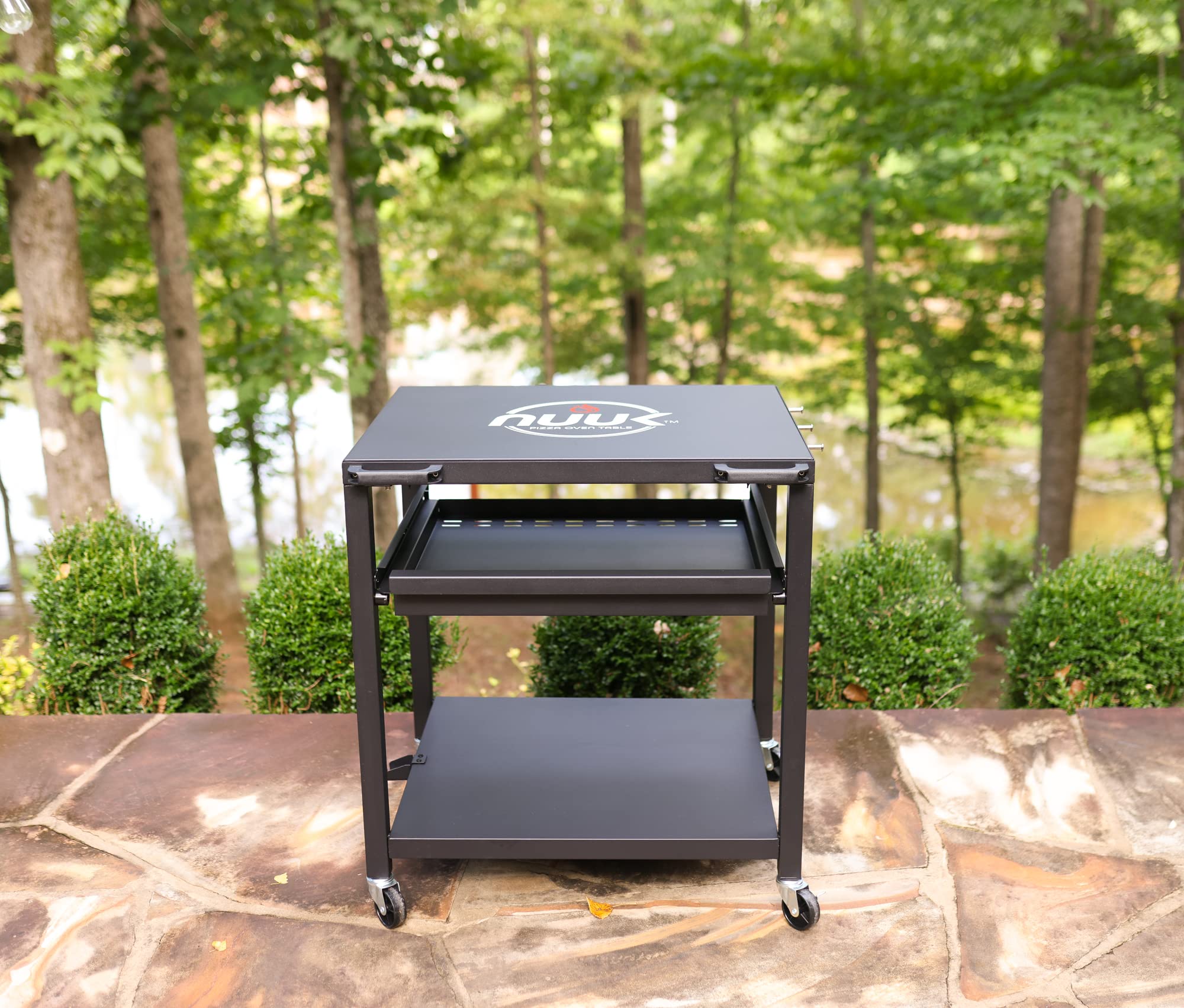 NUUK Heavy Duty 3-Shelf Rolling Outdoor Pizza Oven Table - 24x30 Inch Steel Commercial Food Prep Cart with Drawer & Wheels - Perfect for BBQ, Camping, Patio, Picnic & Outdoor Cooking