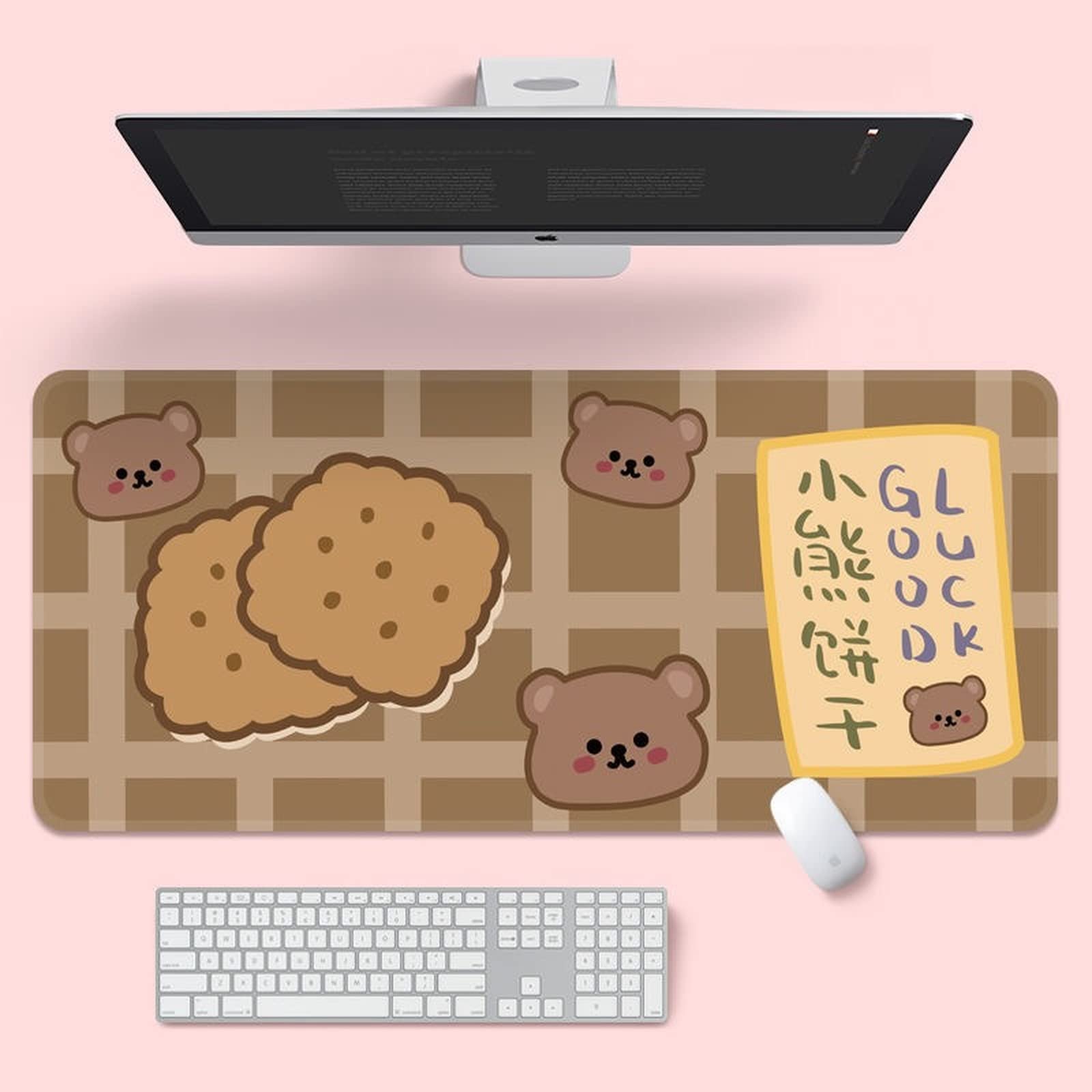 Large Pink Kawaii Mouse Pad with Bear & Bunny Design - 800x300mm Soft Gaming Desk Mat for Keyboard & Mouse - Perfect for Office, Gaming & Anime Lovers