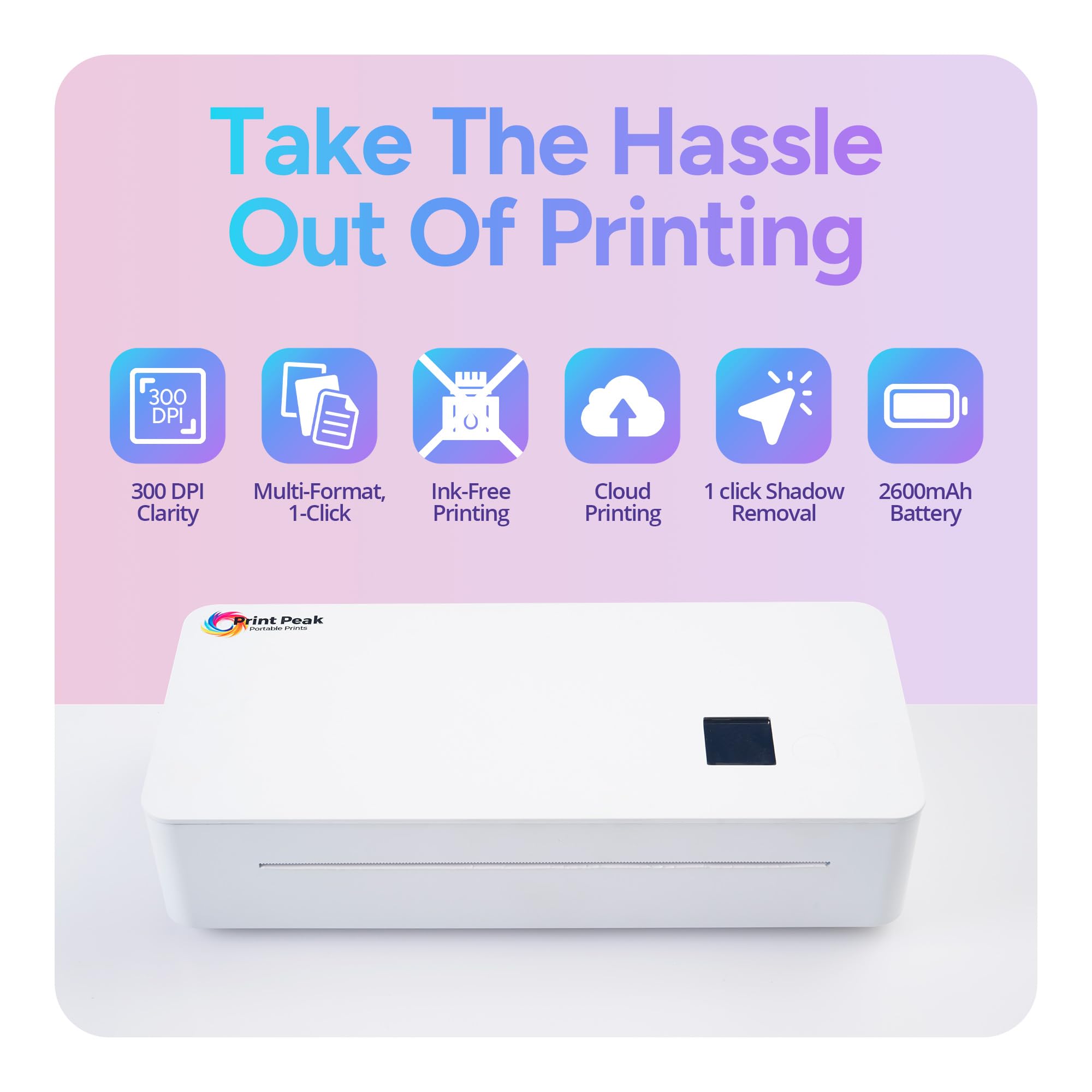 PrintPeak Wireless Thermal A4 Printer with 1 Roll Pre-Cut Paper (50 Sheets) - Portable Bluetooth Printer for iPhone, Android & Laptop, 27.5 x 11.6 cm - Ideal for Travel, Office & Home Receipt Printing