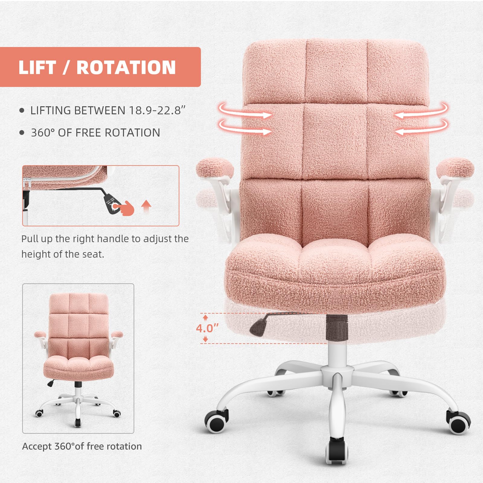 Ergonomic Home Office Chair with Flip-Up Arms & Lumbar Support - Pink Faux Fur Executive Desk Chair for Comfortable Computer Work | Perfect for Remote Work, Gaming & Study Sessions