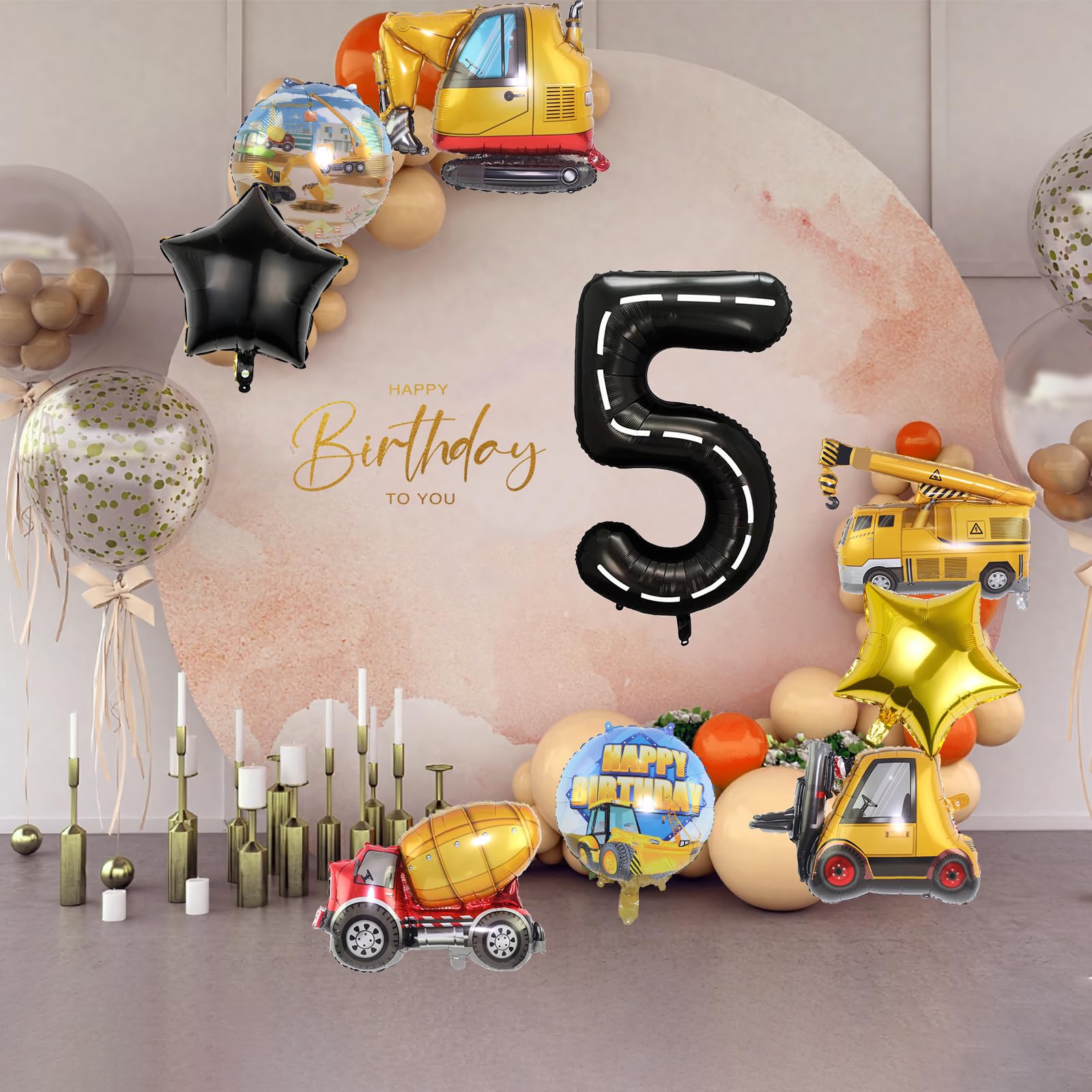 Construction 5th Birthday Party Decorations Set - 9pcs Foil Number Balloons for Construction Truck Theme Party Supplies | Perfect for Kids Birthday, Construction Themed Events & DIY Party Decor