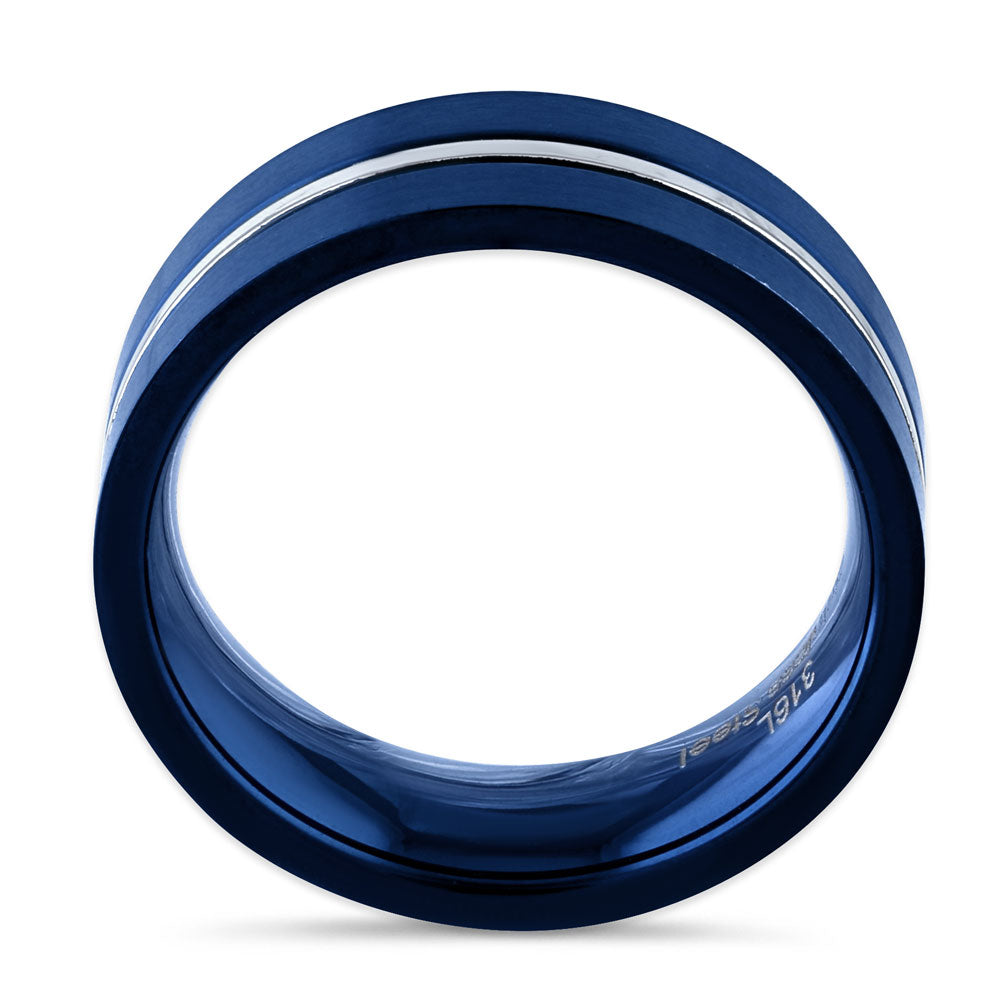 Blue Stainless Steel 6.5mm Satin Finish Striped Band Ring for Men & Women - Wedding, Engagement, Anniversary Gift Idea - Durable & Hypoallergenic Jewelry
