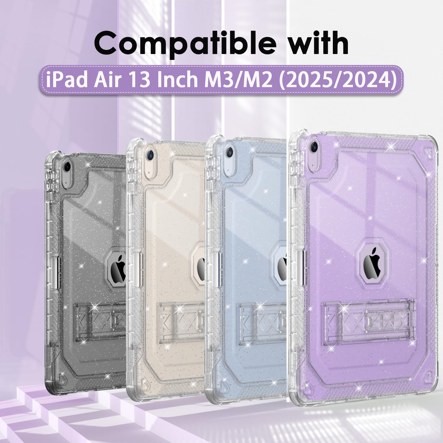 iPad Air M3 13 Inch Case 2025 & iPad Air M2 13-inch 6th Gen 2024 - Clear Glitter Slim Protective Cover with Pencil Holder, Shockproof Hard Case & Kickstand - Heavy Duty Protection for Kids, School, Travel & Daily Use