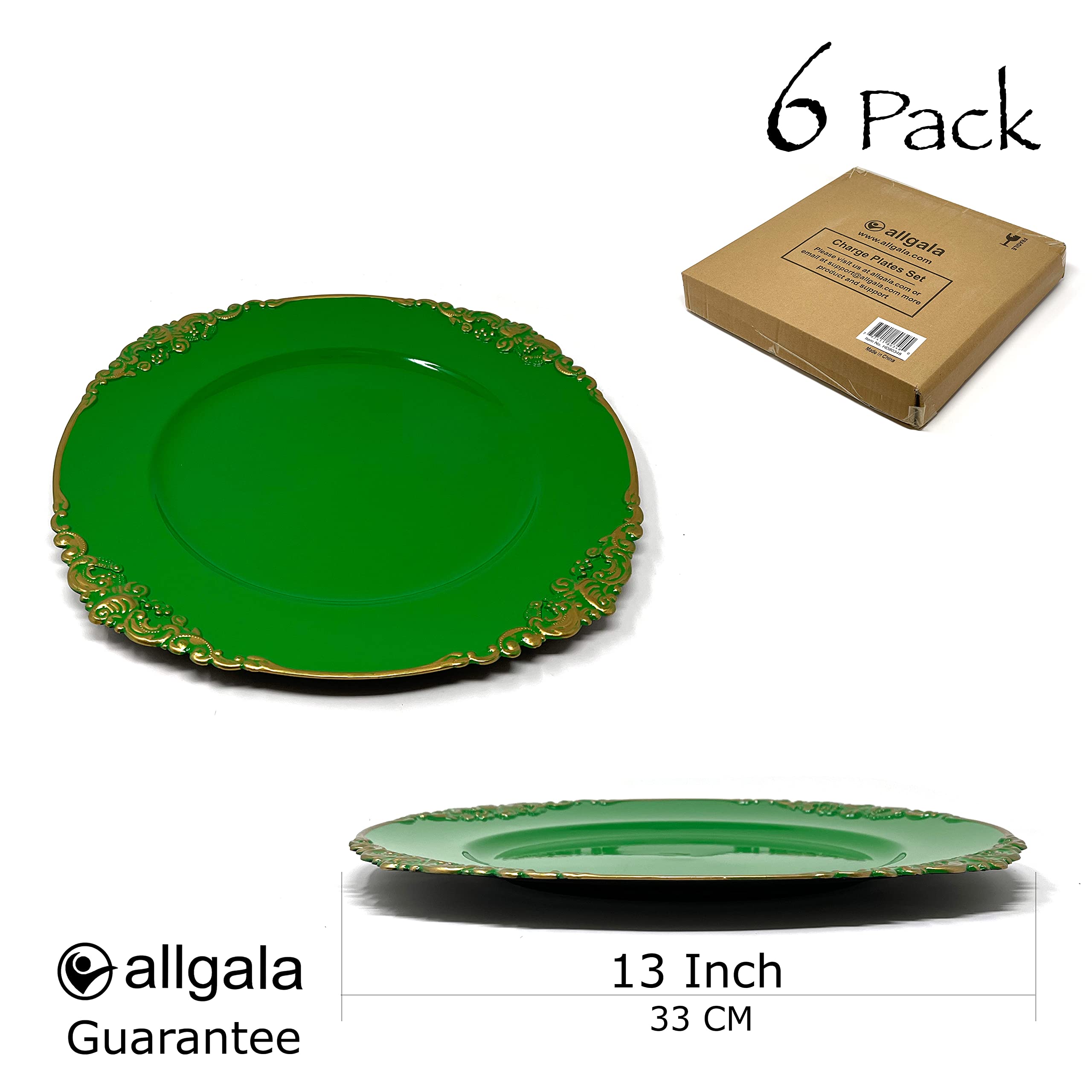 Premium 13-Inch Floral Green Charger Plates - Heavy Duty Round Dinner Plate Chargers - 6-Pack for Elegant Table Decor - Perfect for Weddings, Thanksgiving, Christmas & Holiday Parties - Ideal for Formal Dining, Buffet Settings & Special Occasions