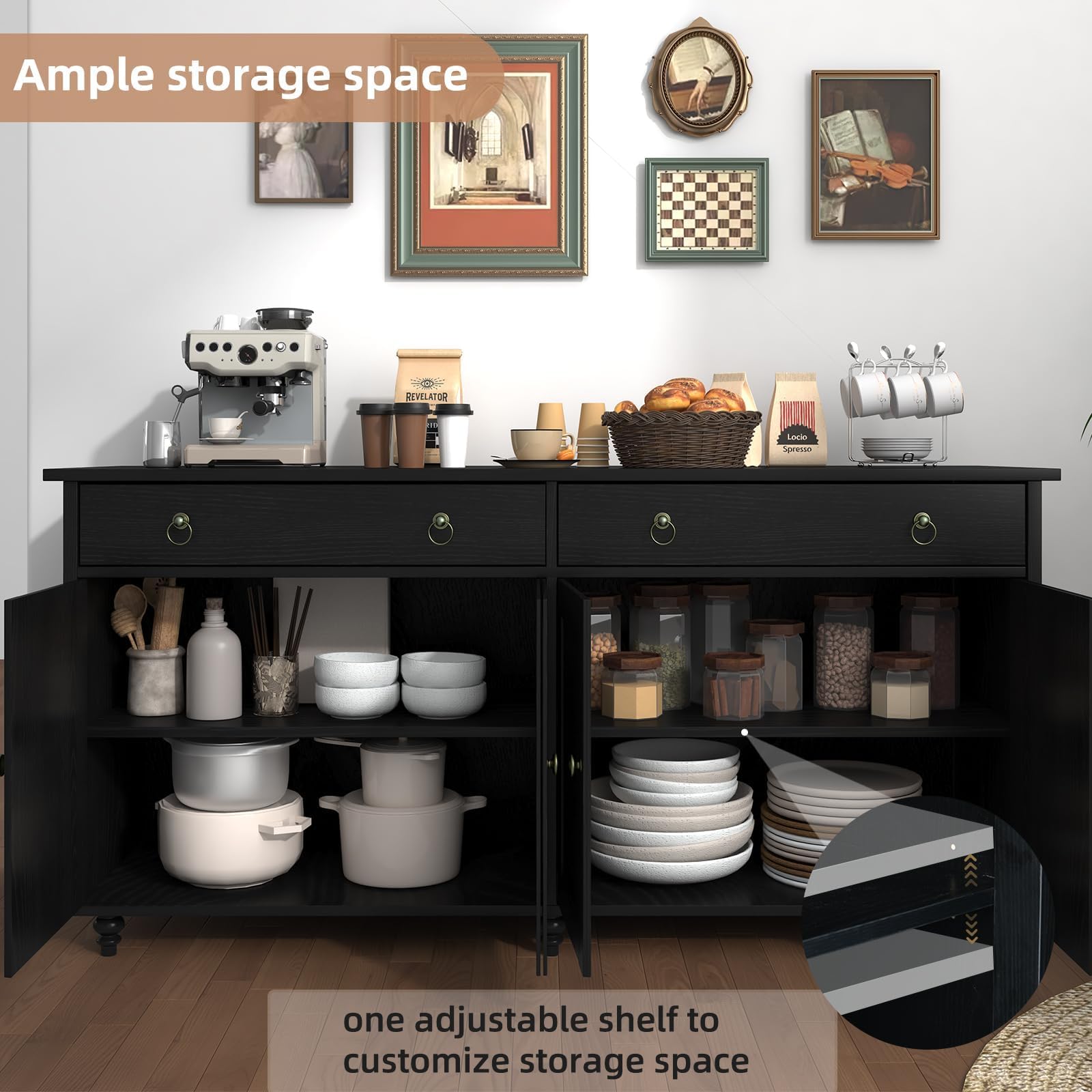 4 EVER WINNER 55'' Black Buffet Cabinet with Storage - Coffee Bar Sideboard with Drawers, Doors & Adjustable Shelves for Living Room | Perfect for Dining Room Storage, Home Bar Setup & Entertainment Center