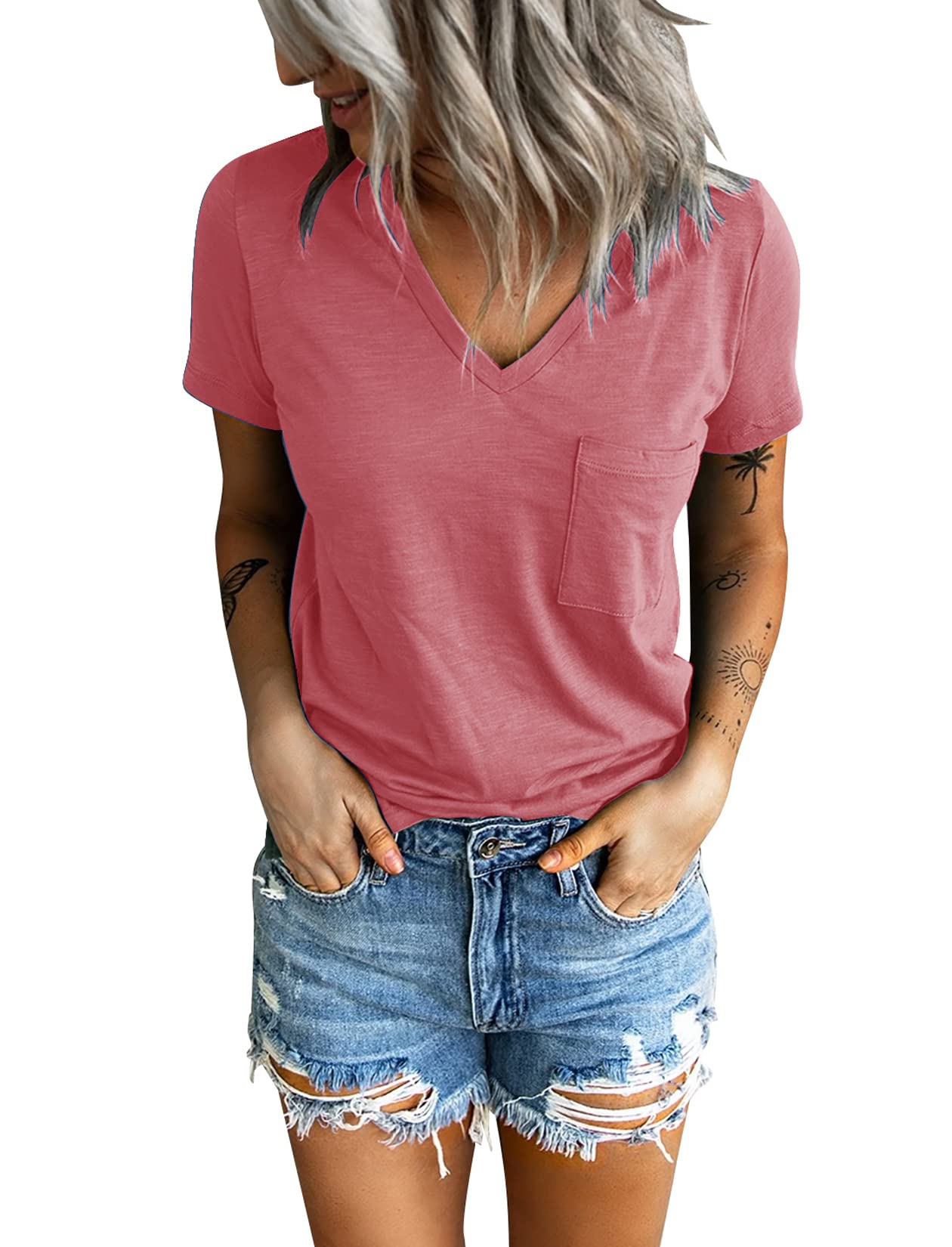 Sunborui Women's Summer Short Sleeve V-Neck T-Shirt with Pocket - Soft Cotton Casual Loose Fit Tee for Everyday Wear, Outings & Travel