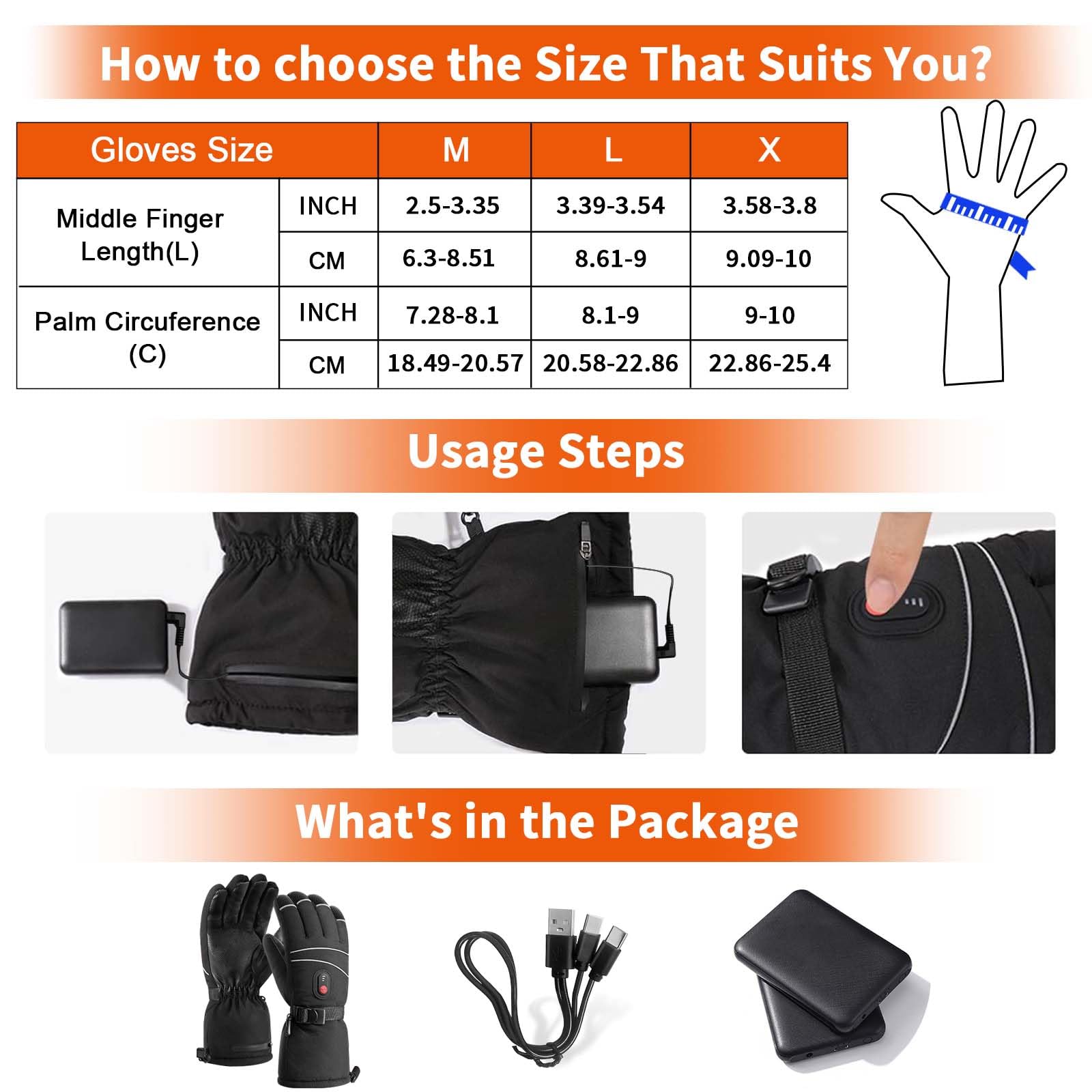 Rechargeable 5000mAh Battery Heated Gloves for Men & Women - Waterproof Electric Ski Gloves with 3 Heating Levels, Touchscreen Compatible Winter Gloves for Skiing, Hunting, Cycling, Motorcycle Riding & Outdoor Activities